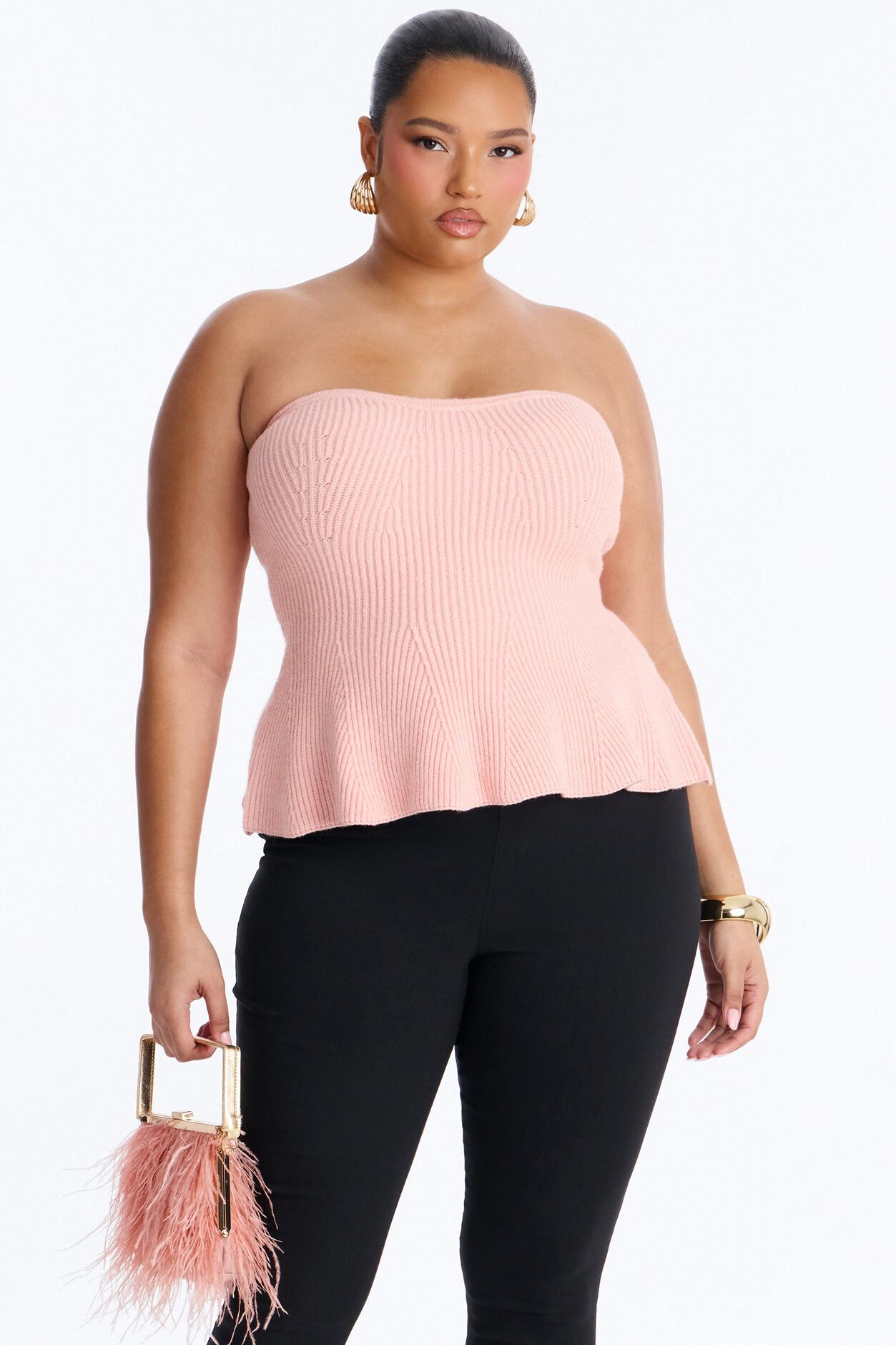 On Full Display Peplum Sweater Tube Top - Pink