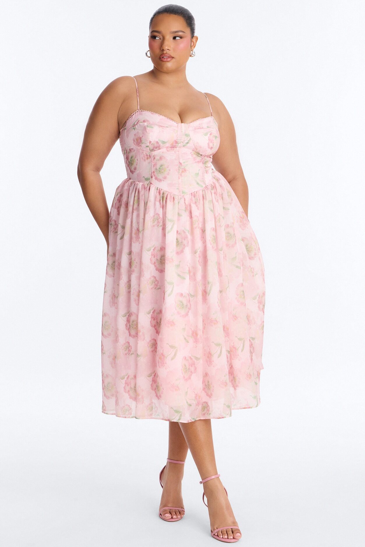 Yara Floral Organza Midi Dress - Pink