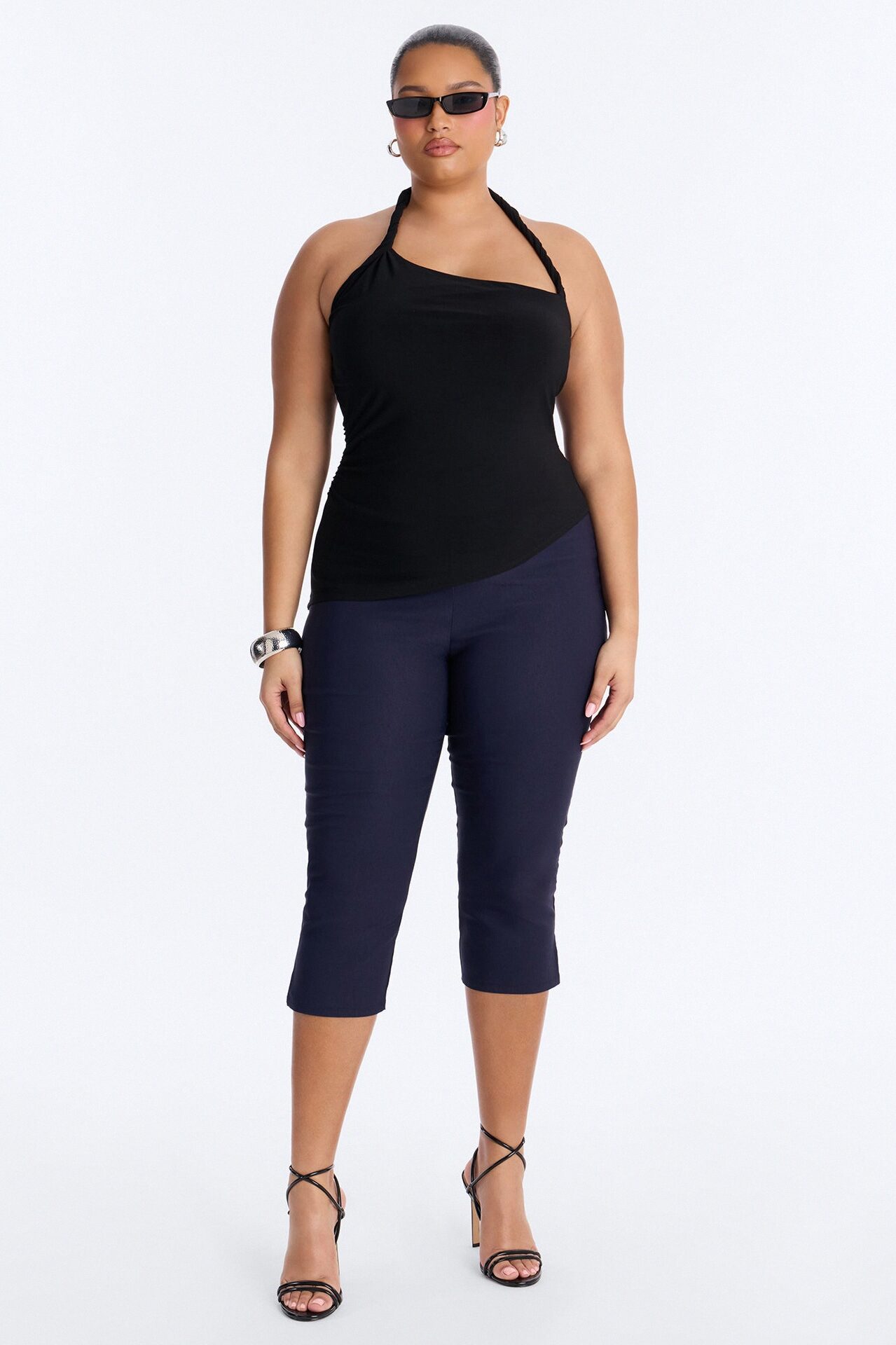 Maddy Asymmetrical Twist Ruched Halter Top - Black