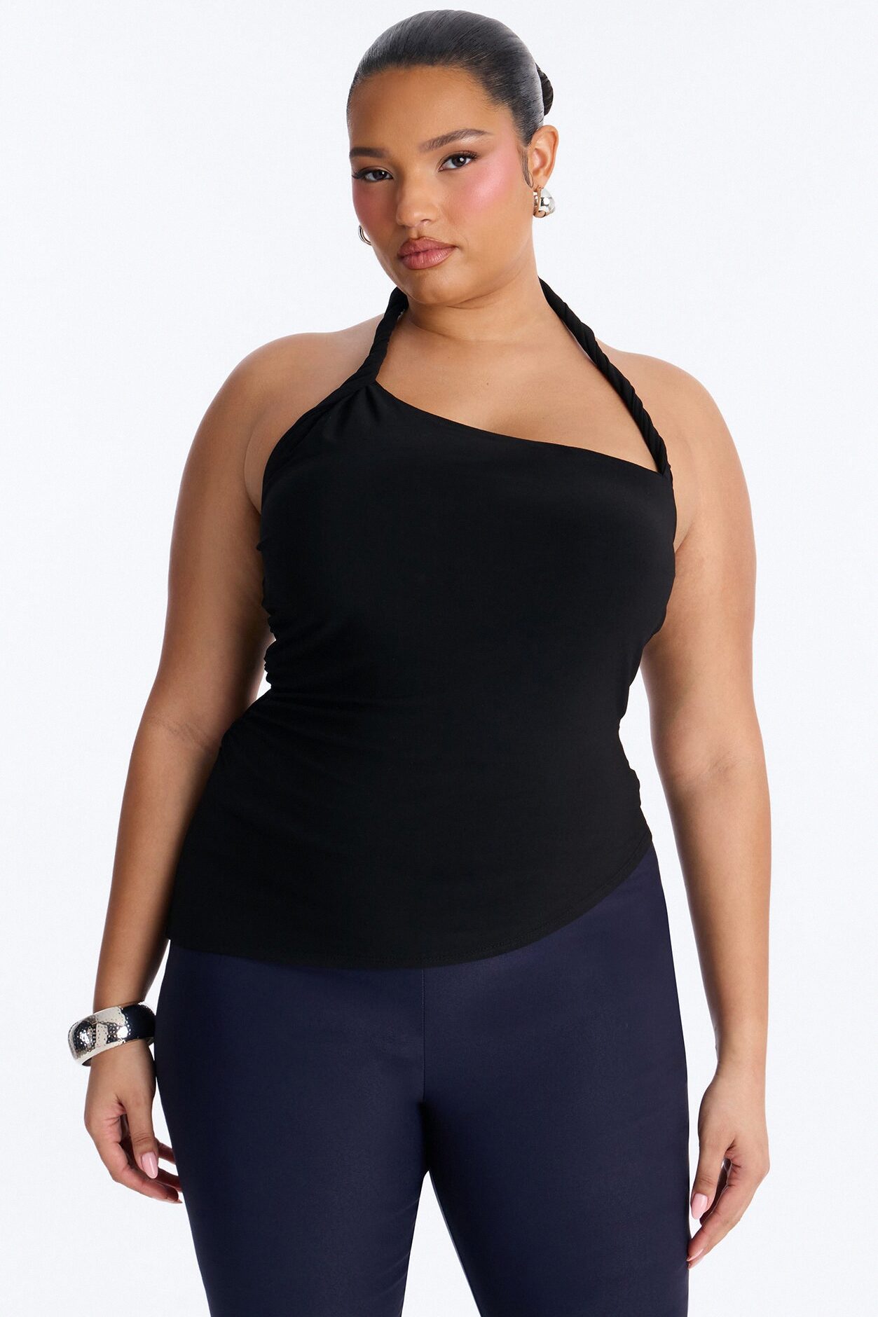 Maddy Asymmetrical Twist Ruched Halter Top - Black