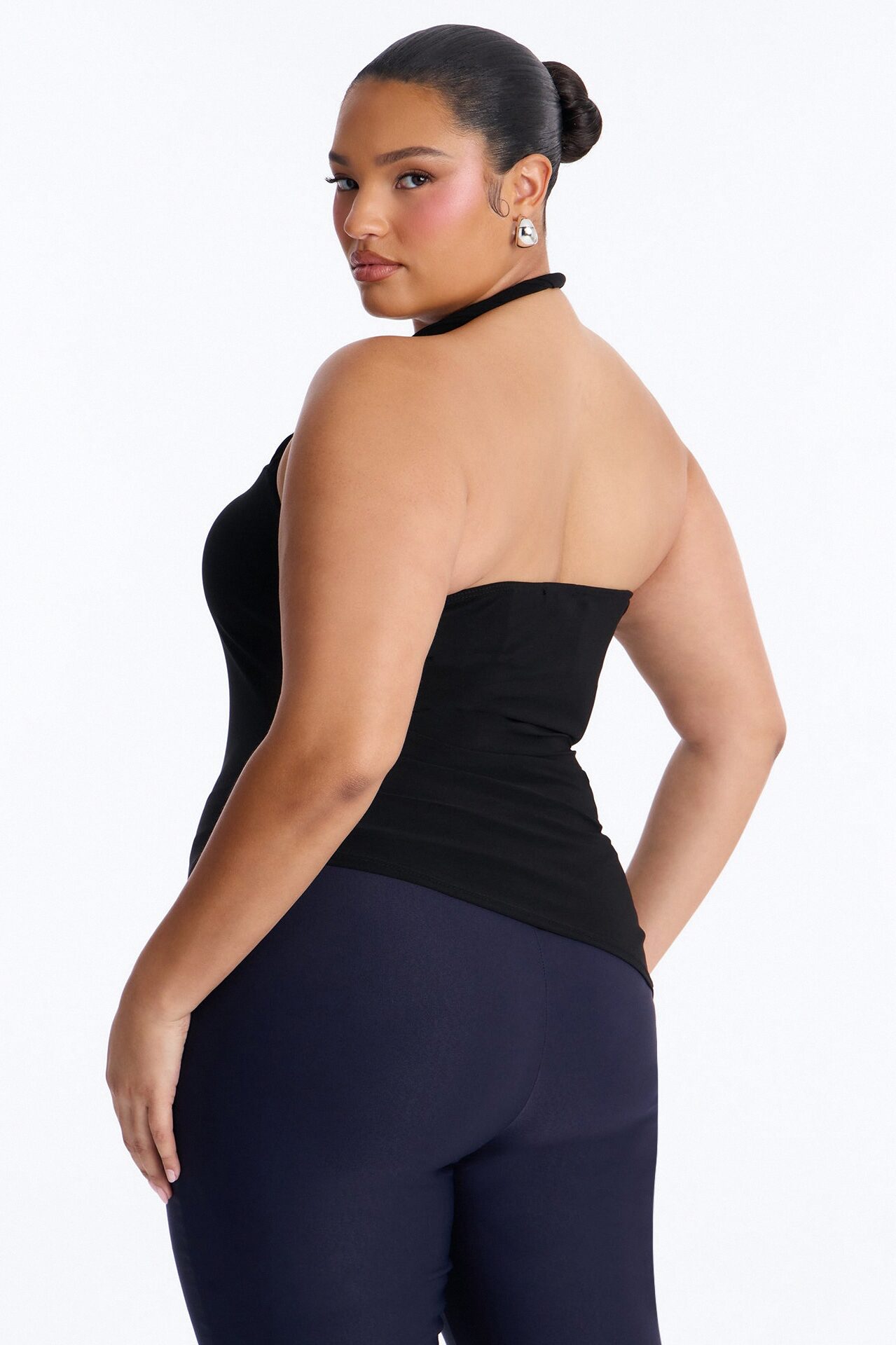 Maddy Asymmetrical Twist Ruched Halter Top - Black