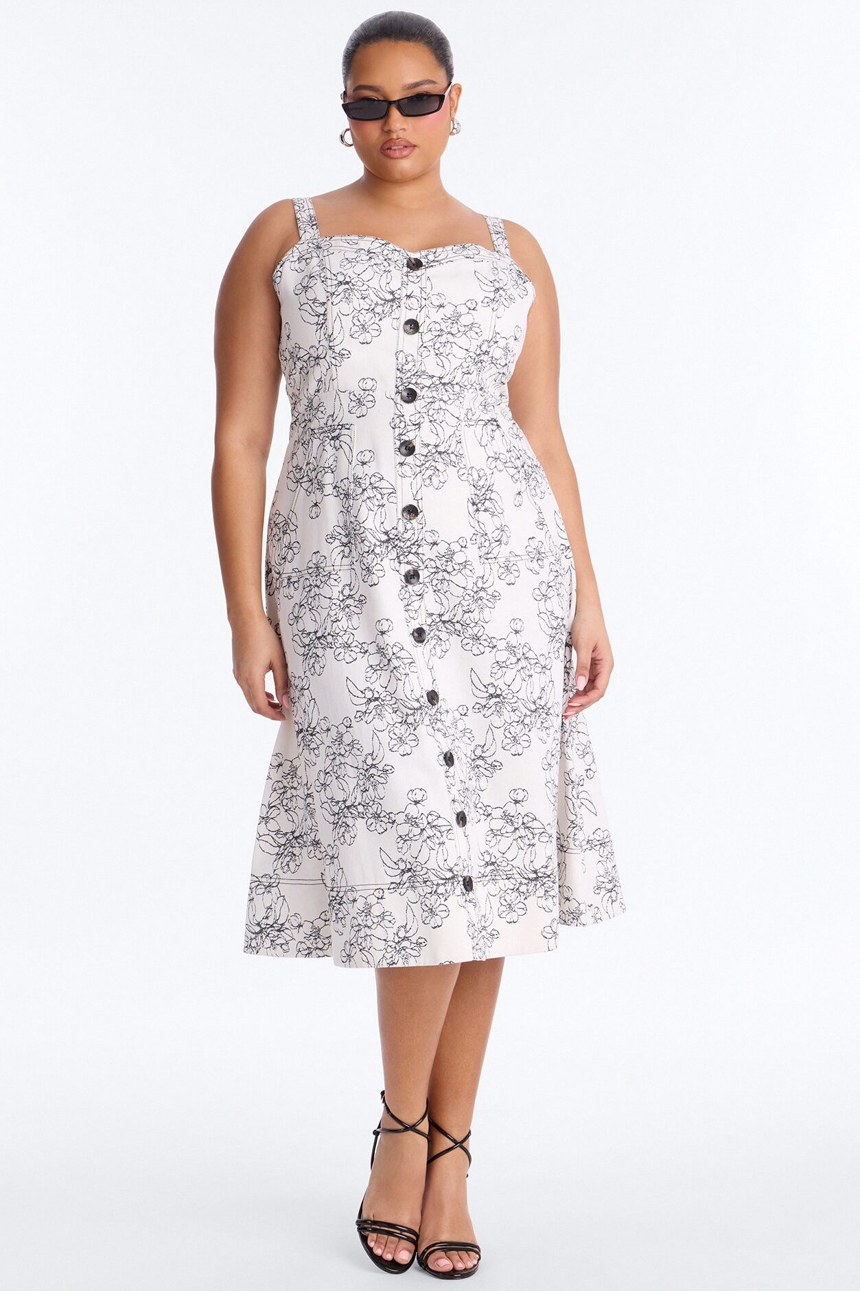 Carla Floral Denim Midi Dress - White/Black