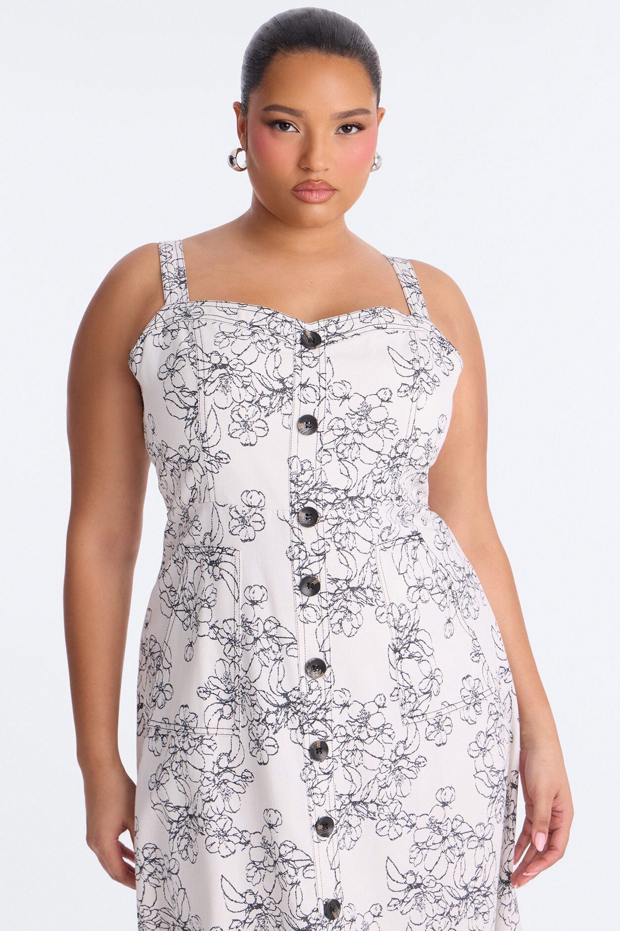 Carla Floral Denim Midi Dress - White/Black
