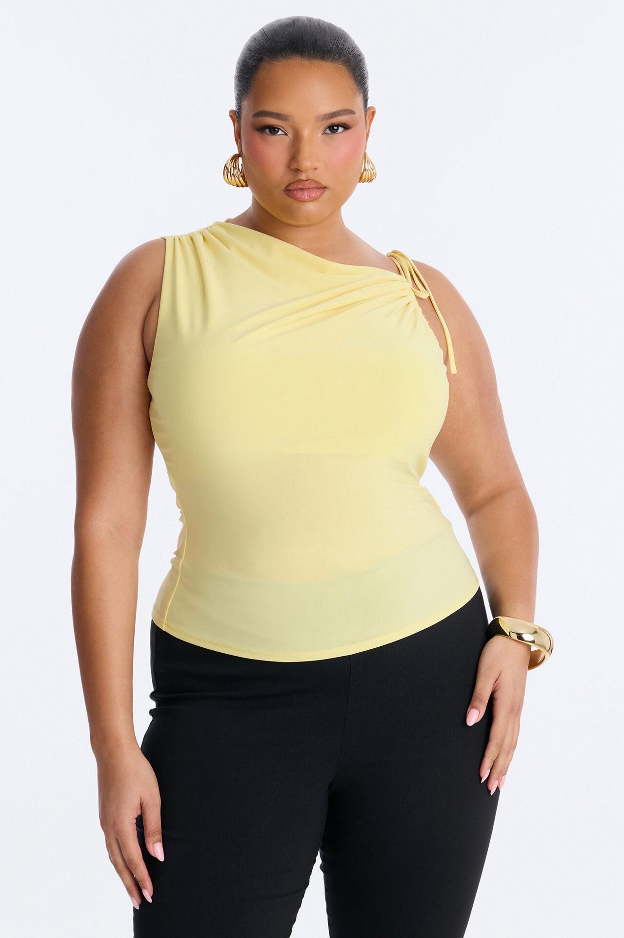 Benny One Shoulder Ruched Tie Strap Top - Butter Yellow