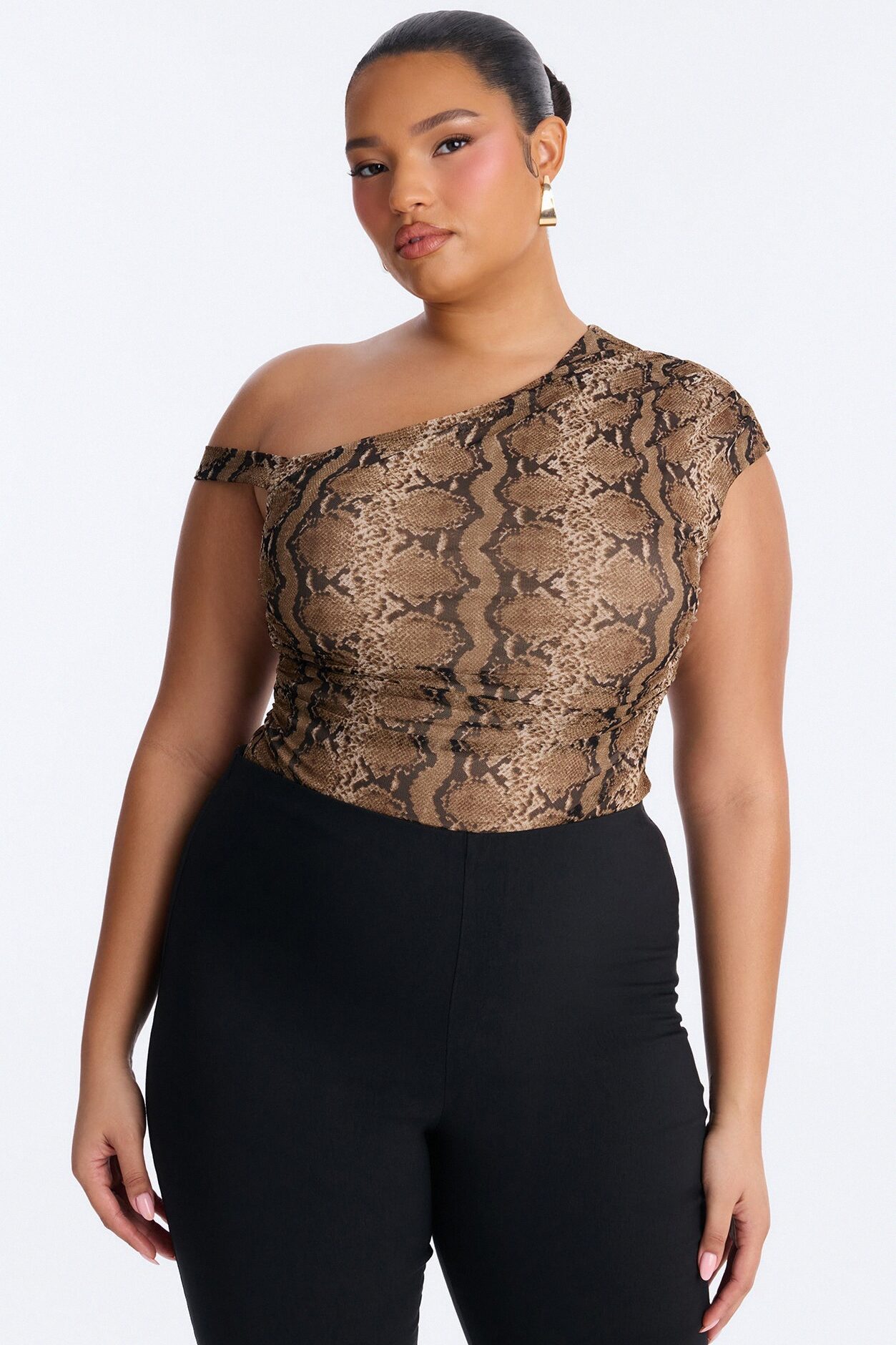 Sunara Snake Off Shoulder Mesh Bodysuit - Brown/combo