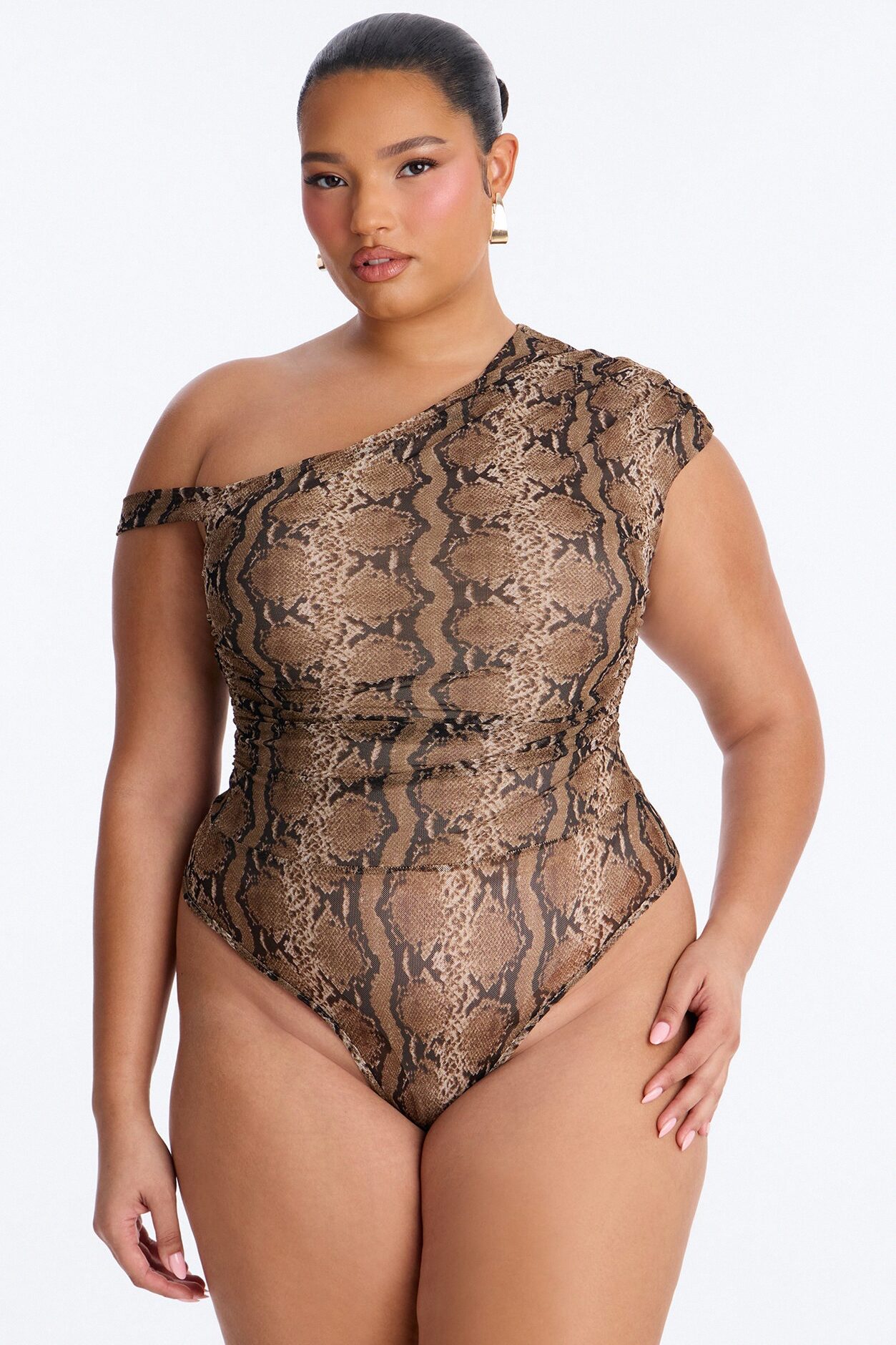 Sunara Snake Off Shoulder Mesh Bodysuit - Brown/combo