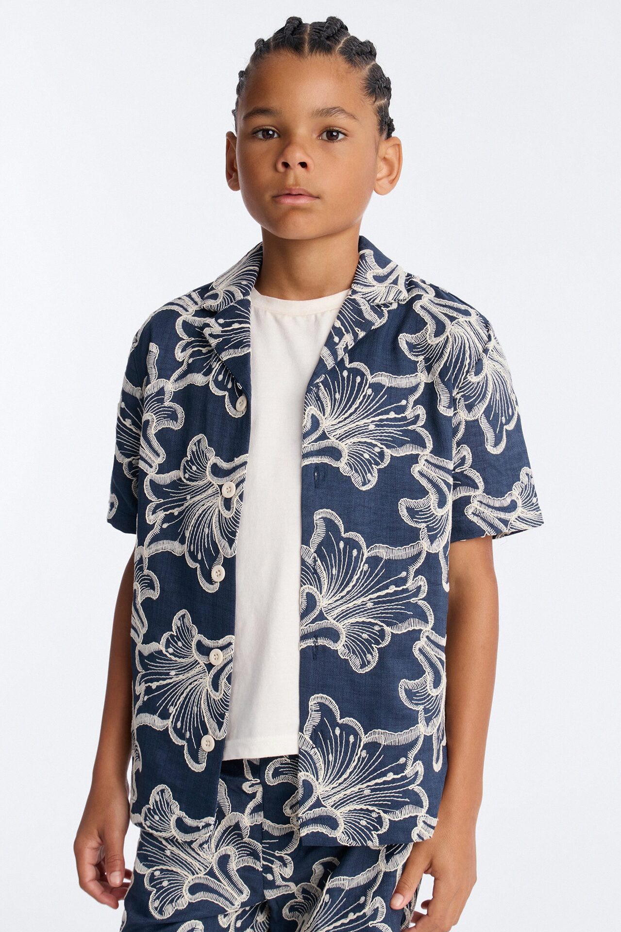 Mini Coastal Drift Cuban Button Up Shirt - Navy