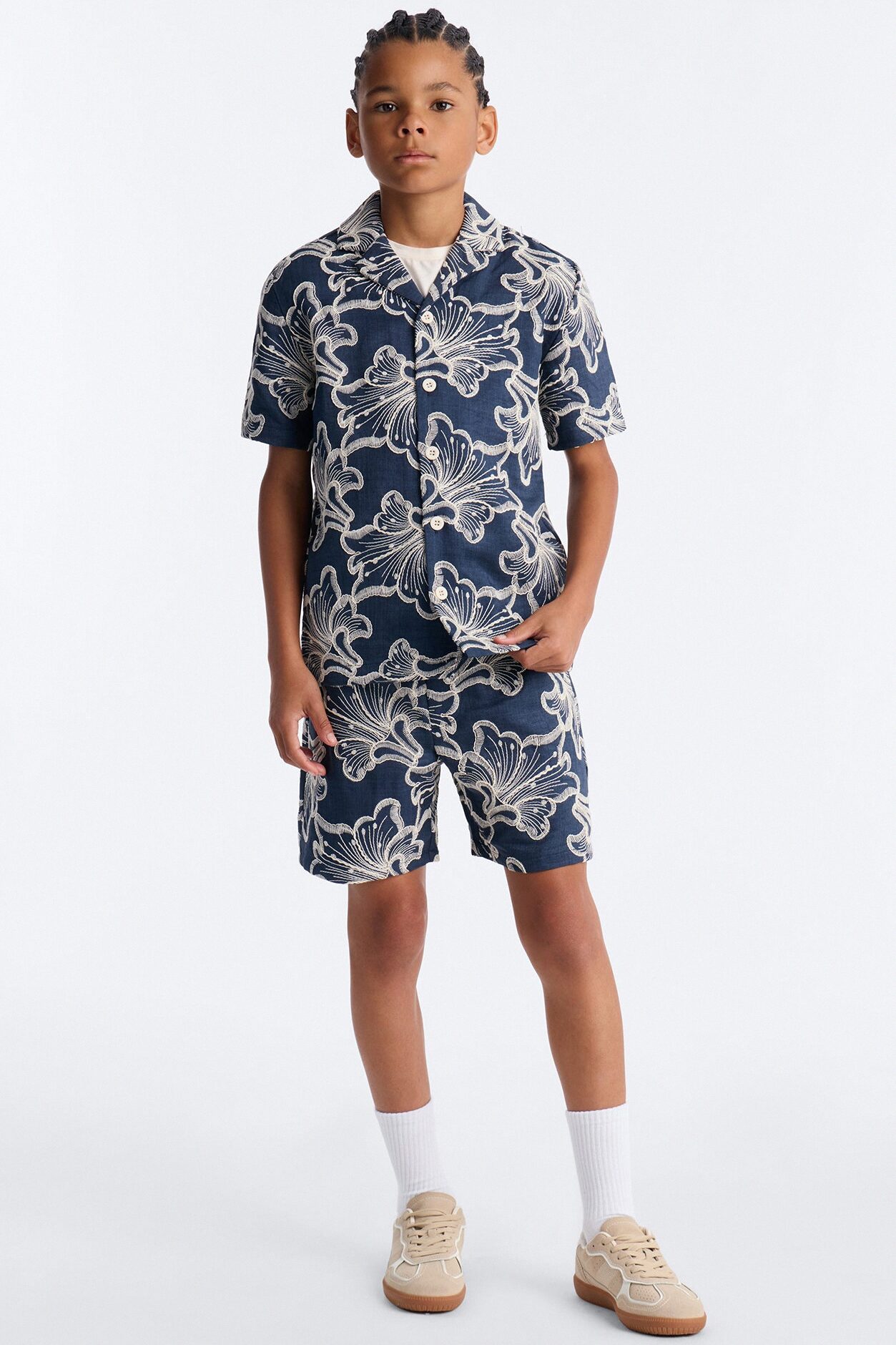 Mini Coastal Drift Cuban Button Up Shirt - Navy