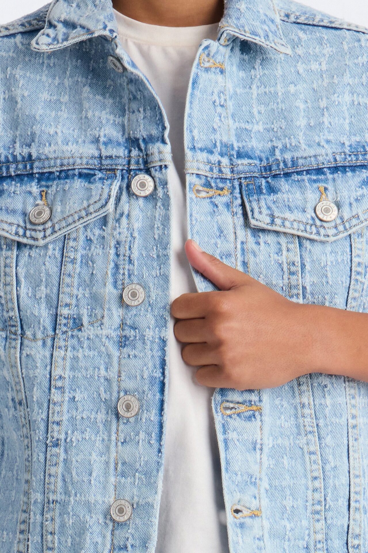 Mini Windowpane Denim Trucker Jacket - Light Wash