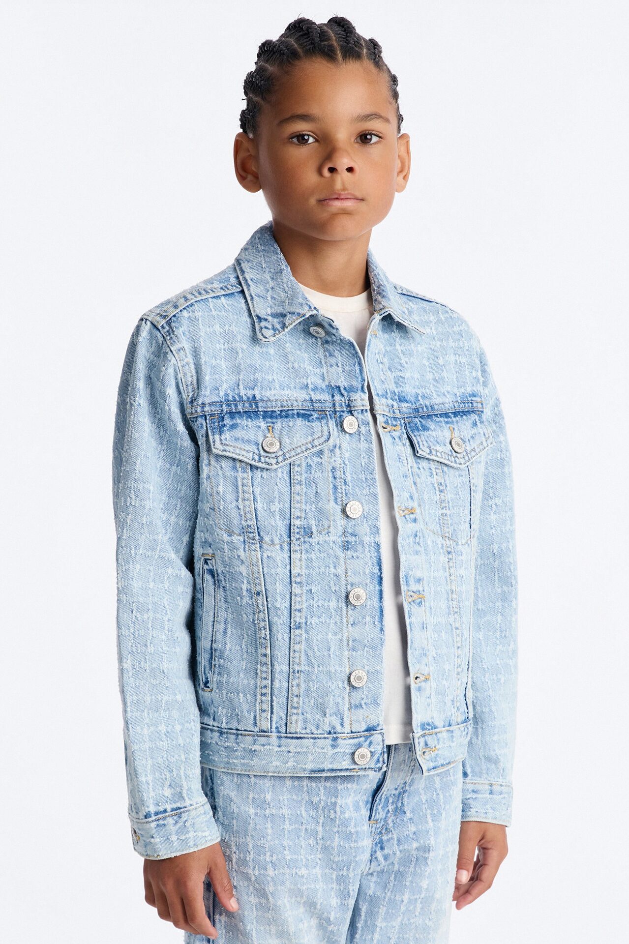 Mini Windowpane Denim Trucker Jacket - Light Wash