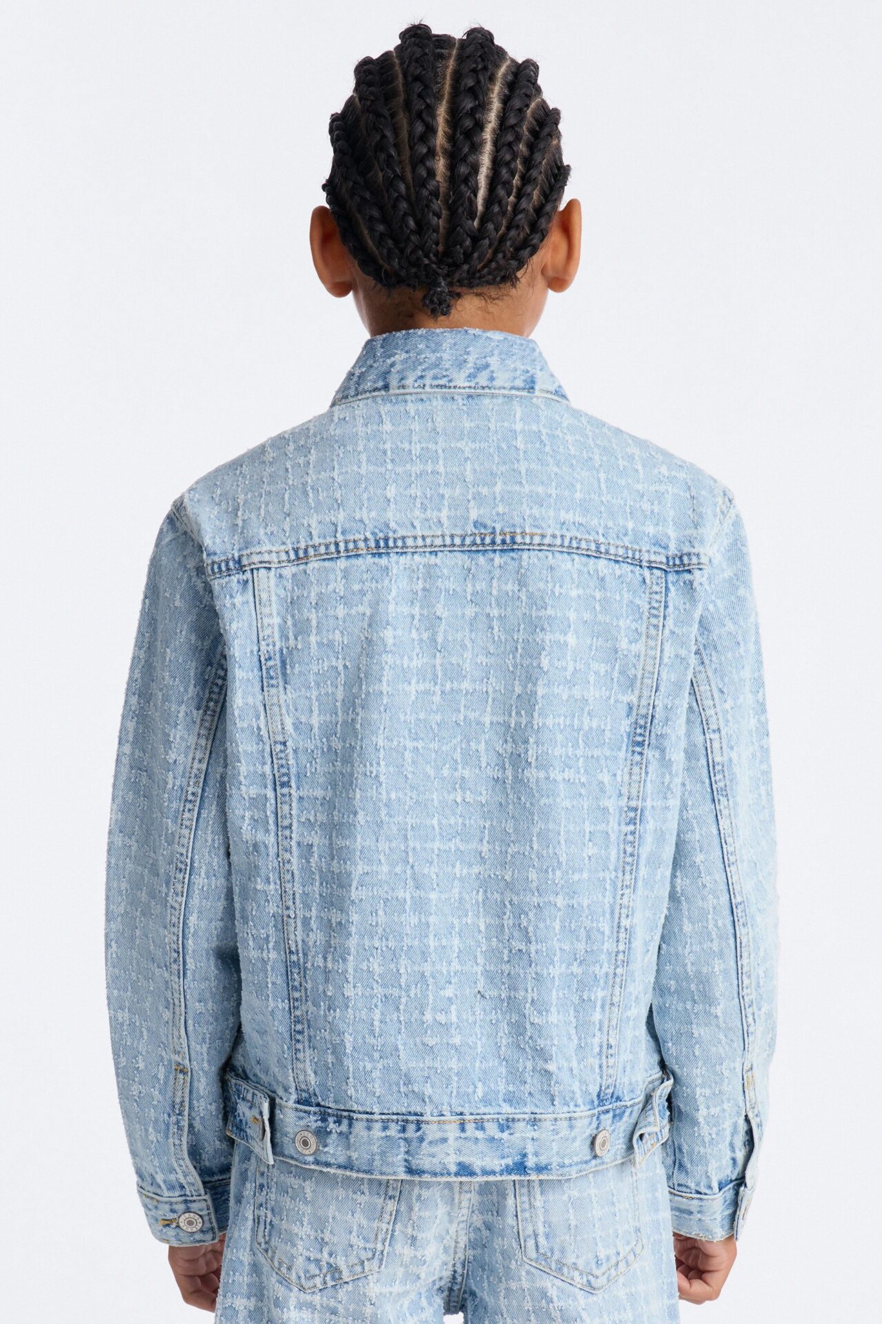 Mini Windowpane Denim Trucker Jacket - Light Wash