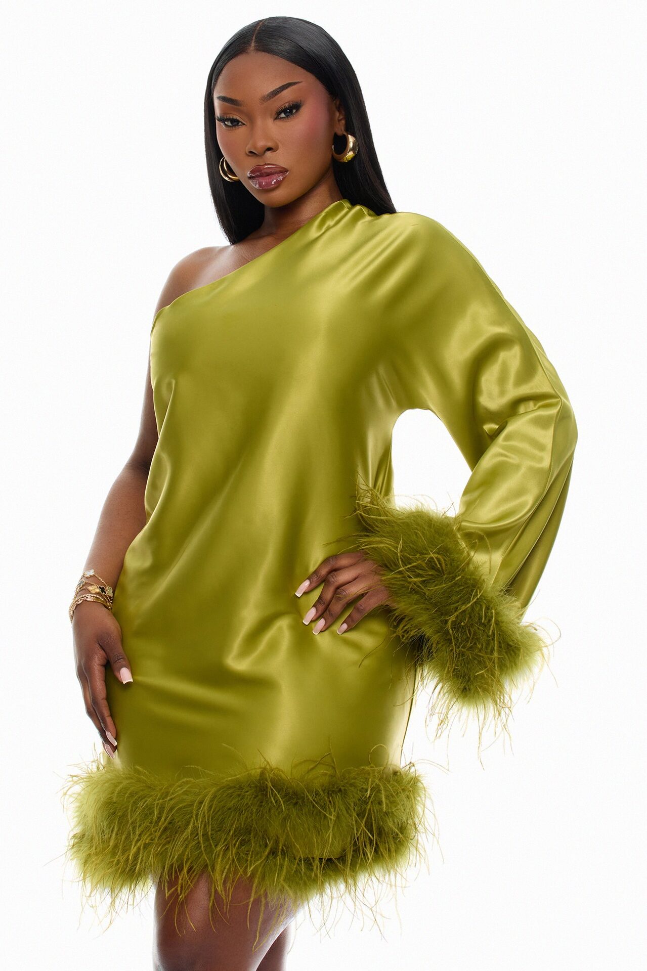 Jacqueline Feathered One Shoulder Satin Mini Dress - Chartreuse