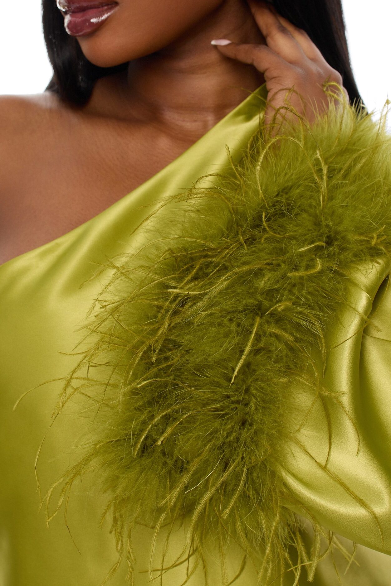 Jacqueline Feathered One Shoulder Satin Mini Dress - Chartreuse