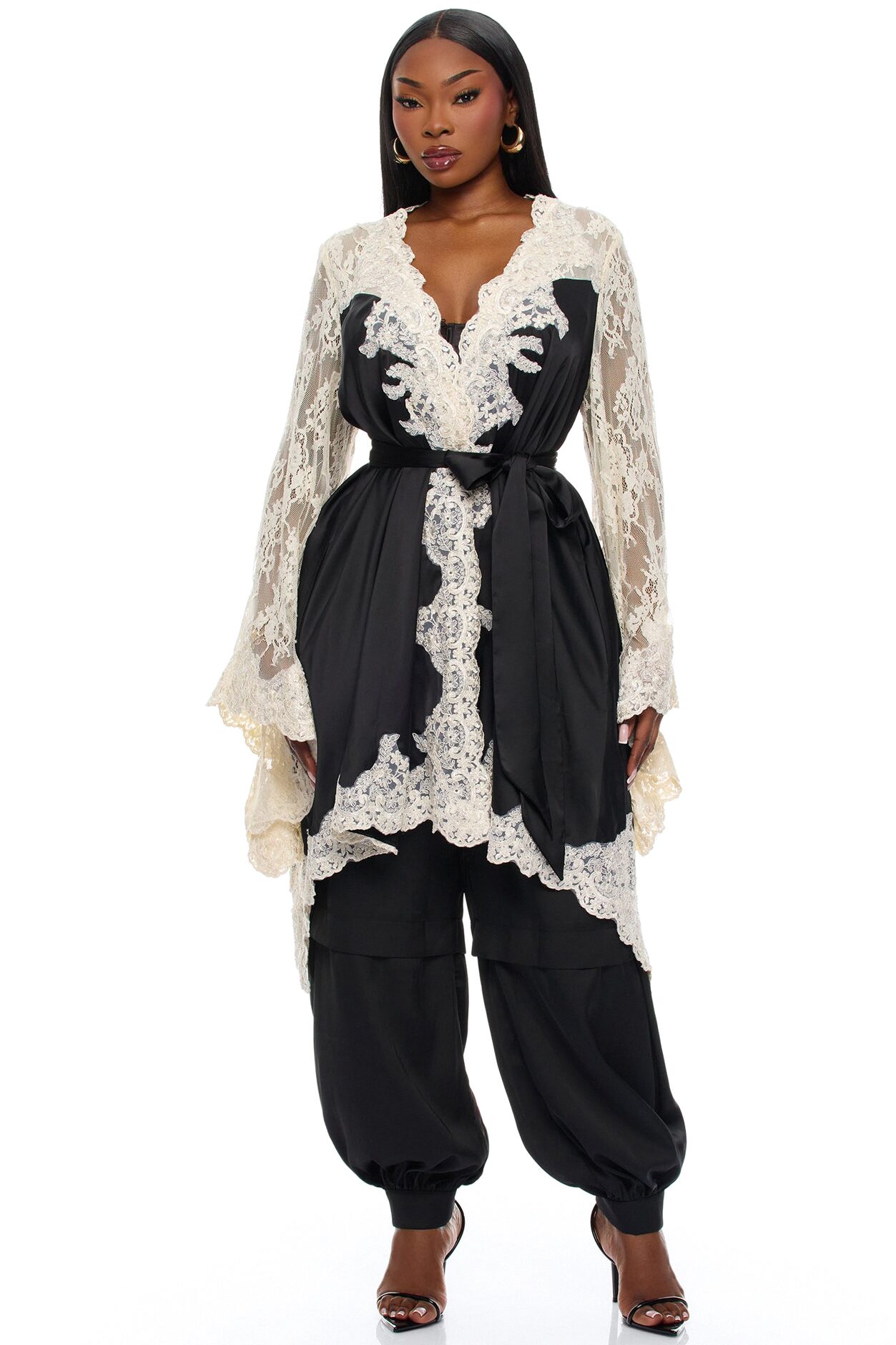 Cathryn Lace Satin Kimono - Black