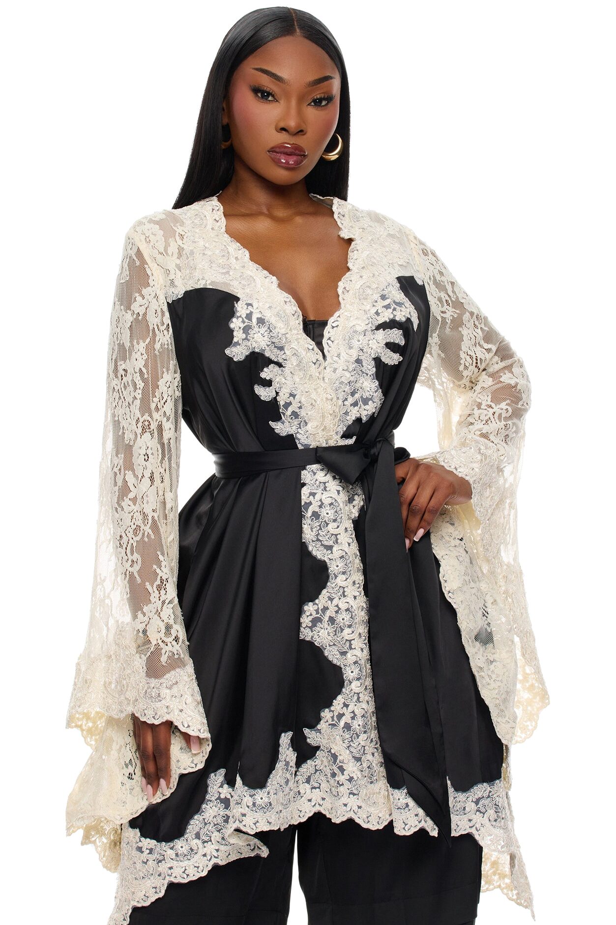 Cathryn Lace Satin Kimono - Black