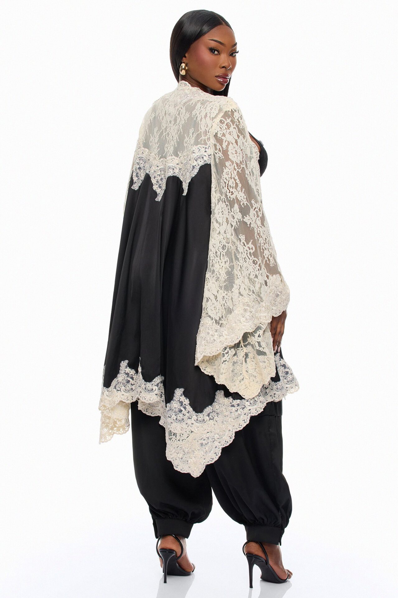 Cathryn Lace Satin Kimono - Black