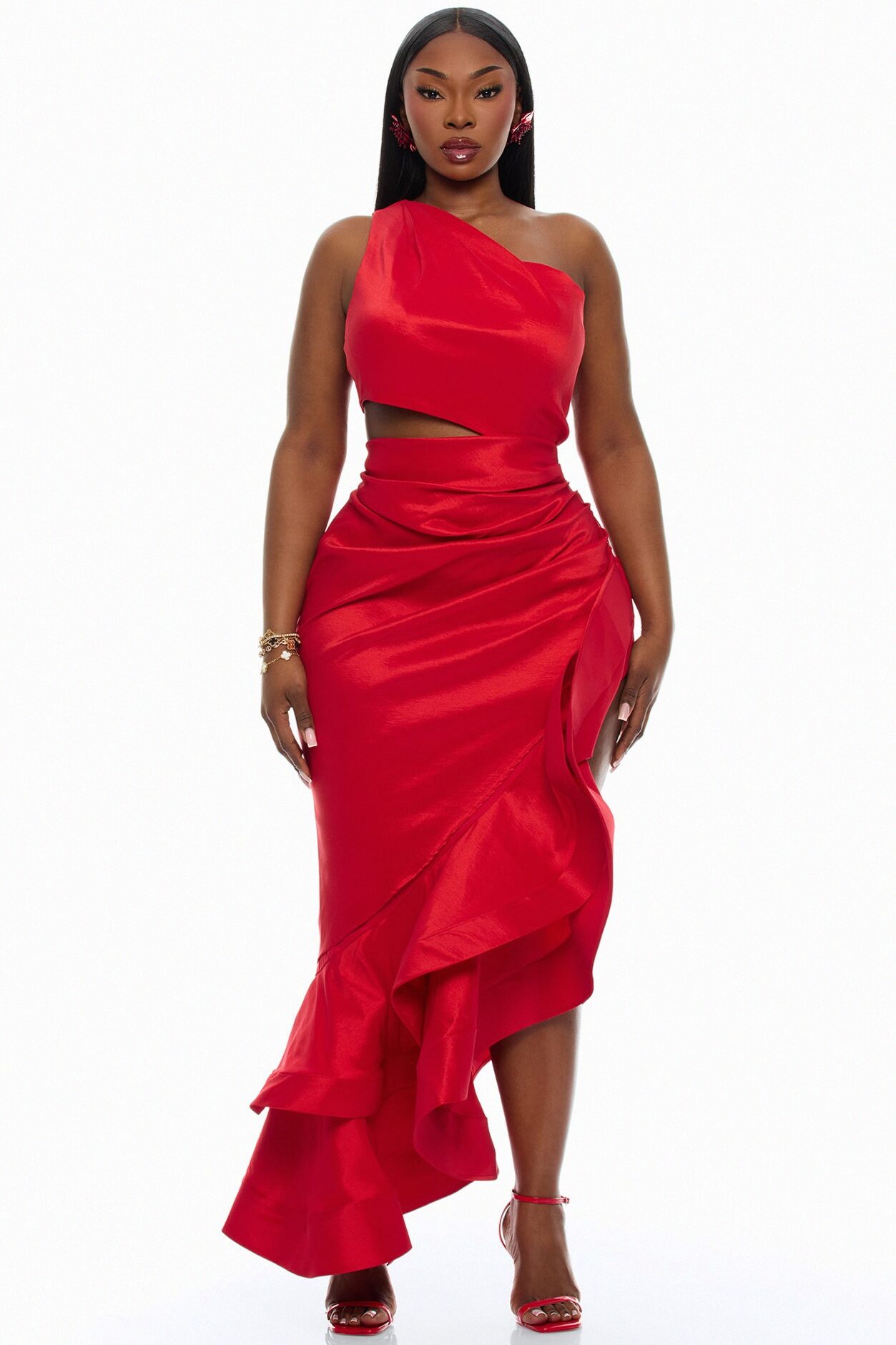 Sienna Ruffle Taffeta Maxi Dress - Red