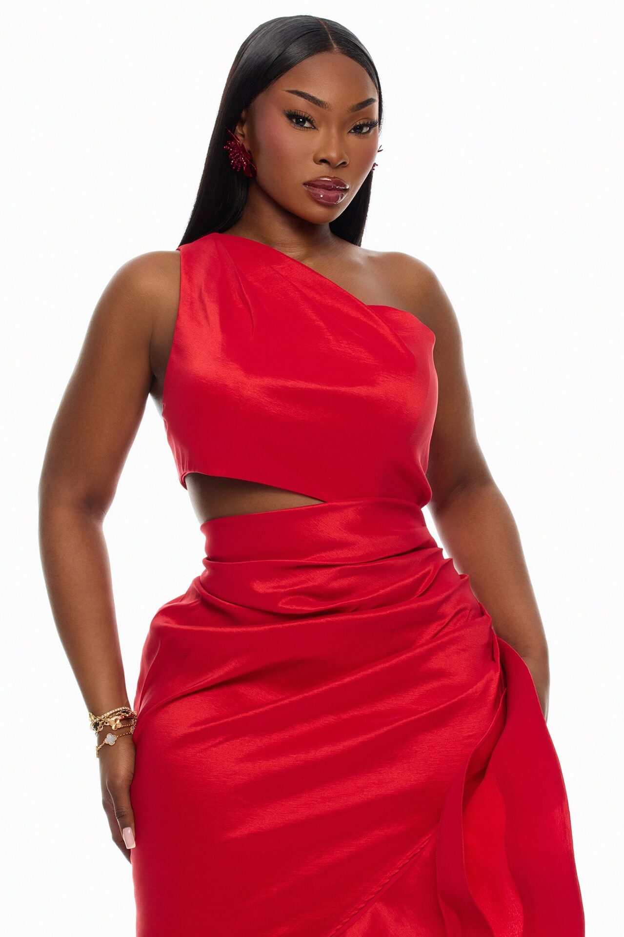 Sienna Ruffle Taffeta Maxi Dress - Red