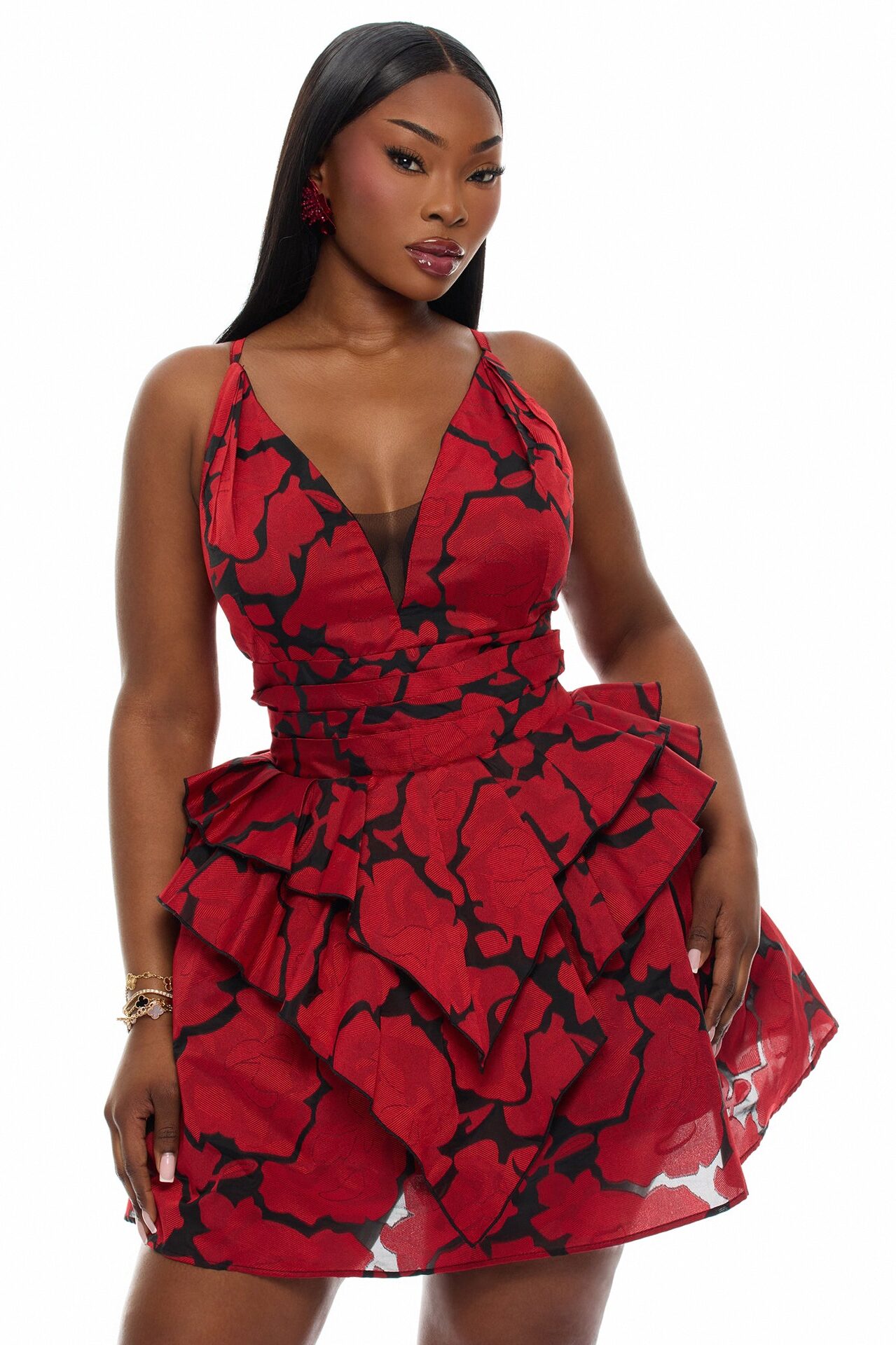 Scarlette Ruffle Jacquard Mini Dress - Black/Red
