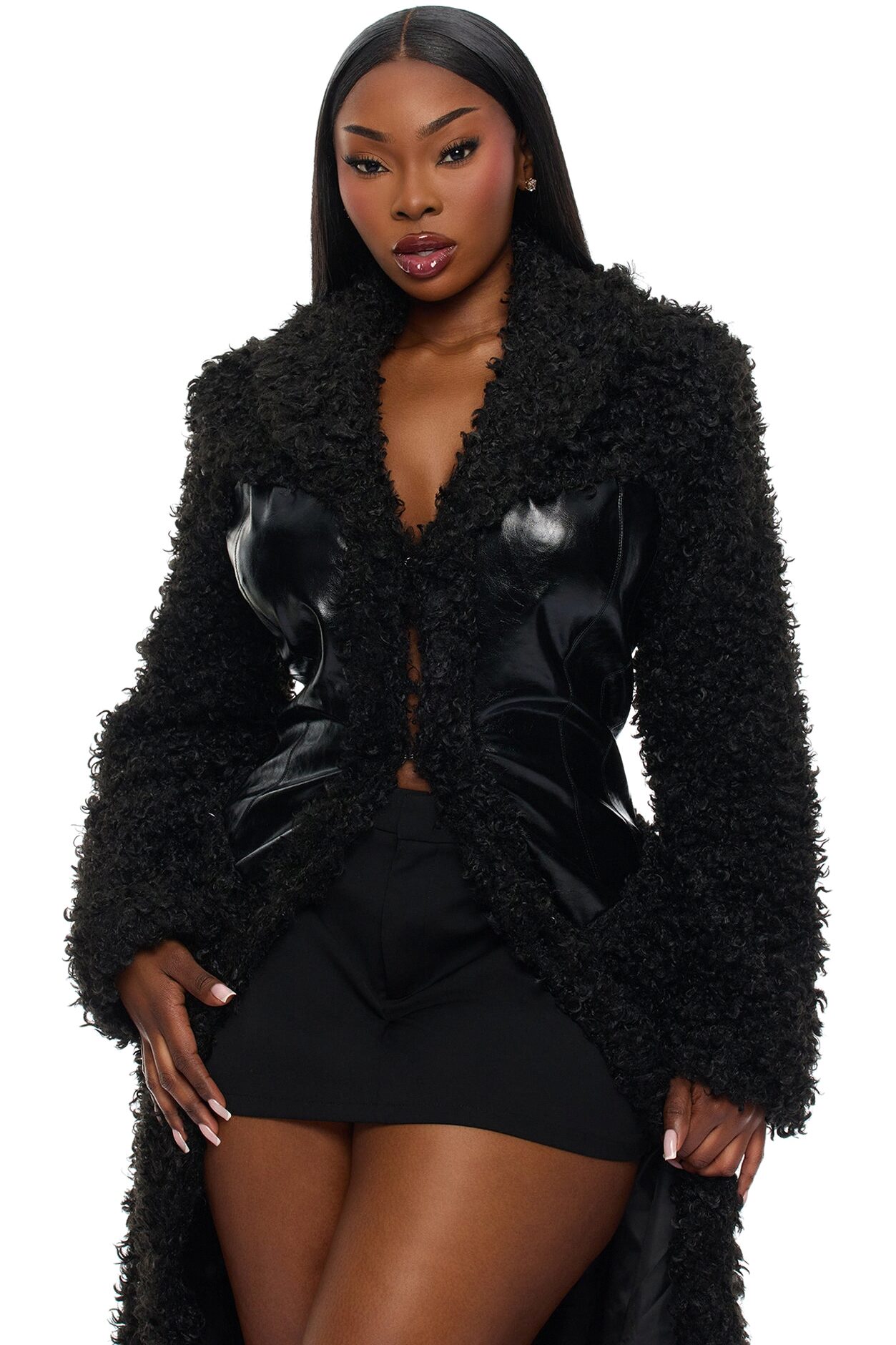 Undercover Faux Leather Sherpa Coat - Black