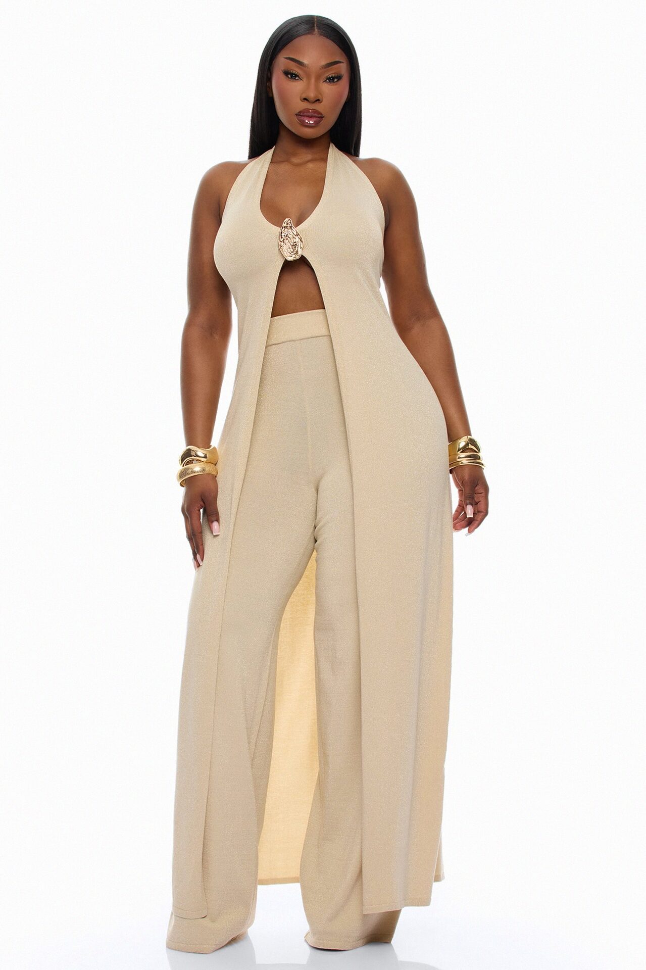 Portia Metallic Sweater Pant Set - Champagne