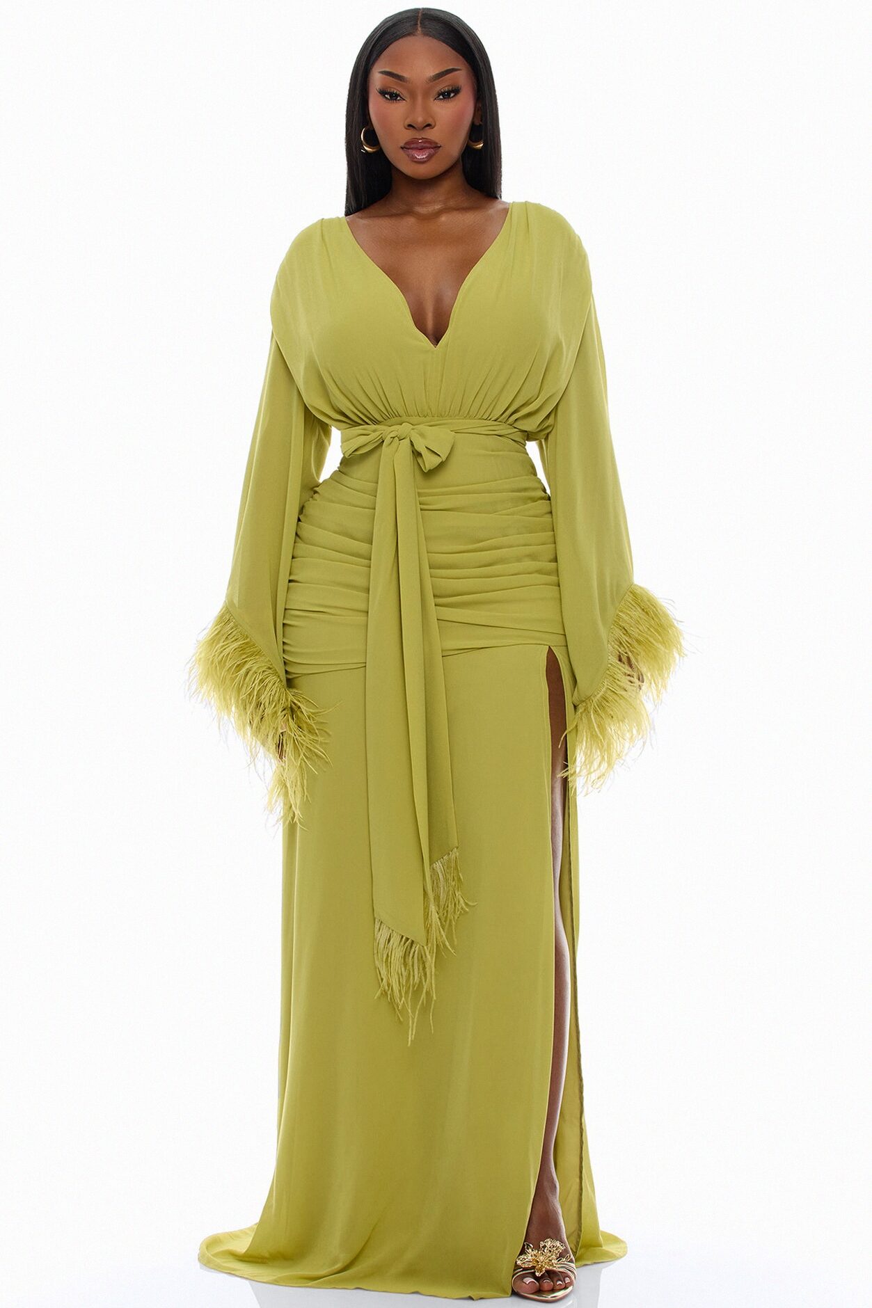 Daisey Feathered Chiffon Maxi Dress - Chartreuse