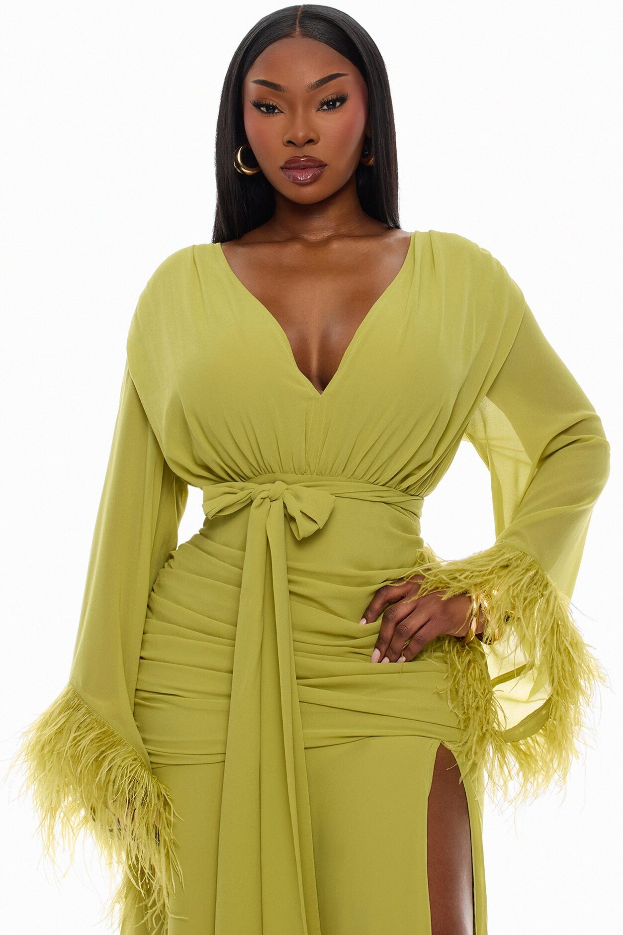 Daisey Feathered Chiffon Maxi Dress - Chartreuse