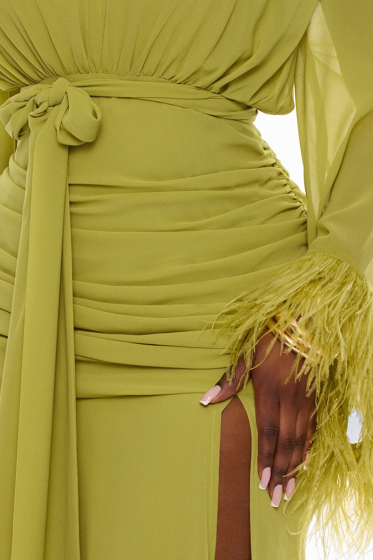 Daisey Feathered Chiffon Maxi Dress - Chartreuse