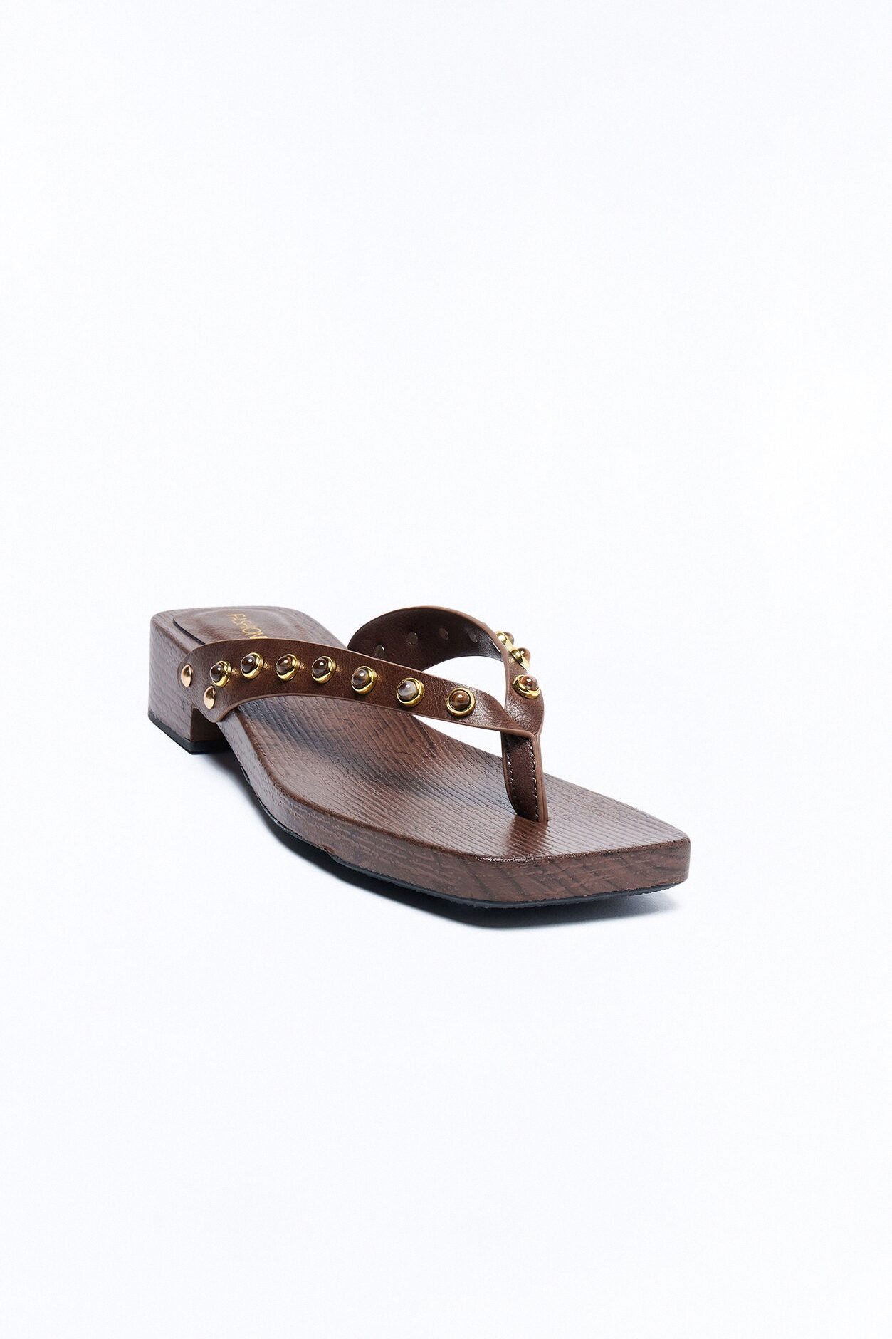 Olivie Studded Wood Flip Flops - Brown