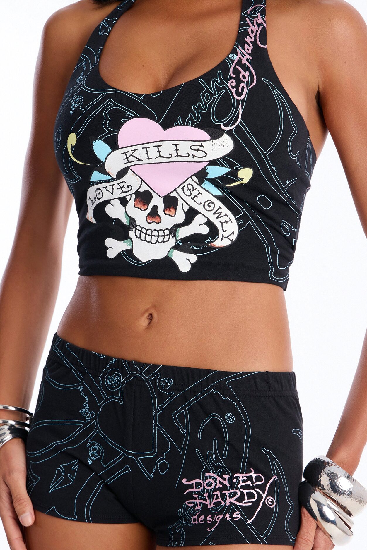 Ed Hardy Pink Heart Micro Short Set - Black