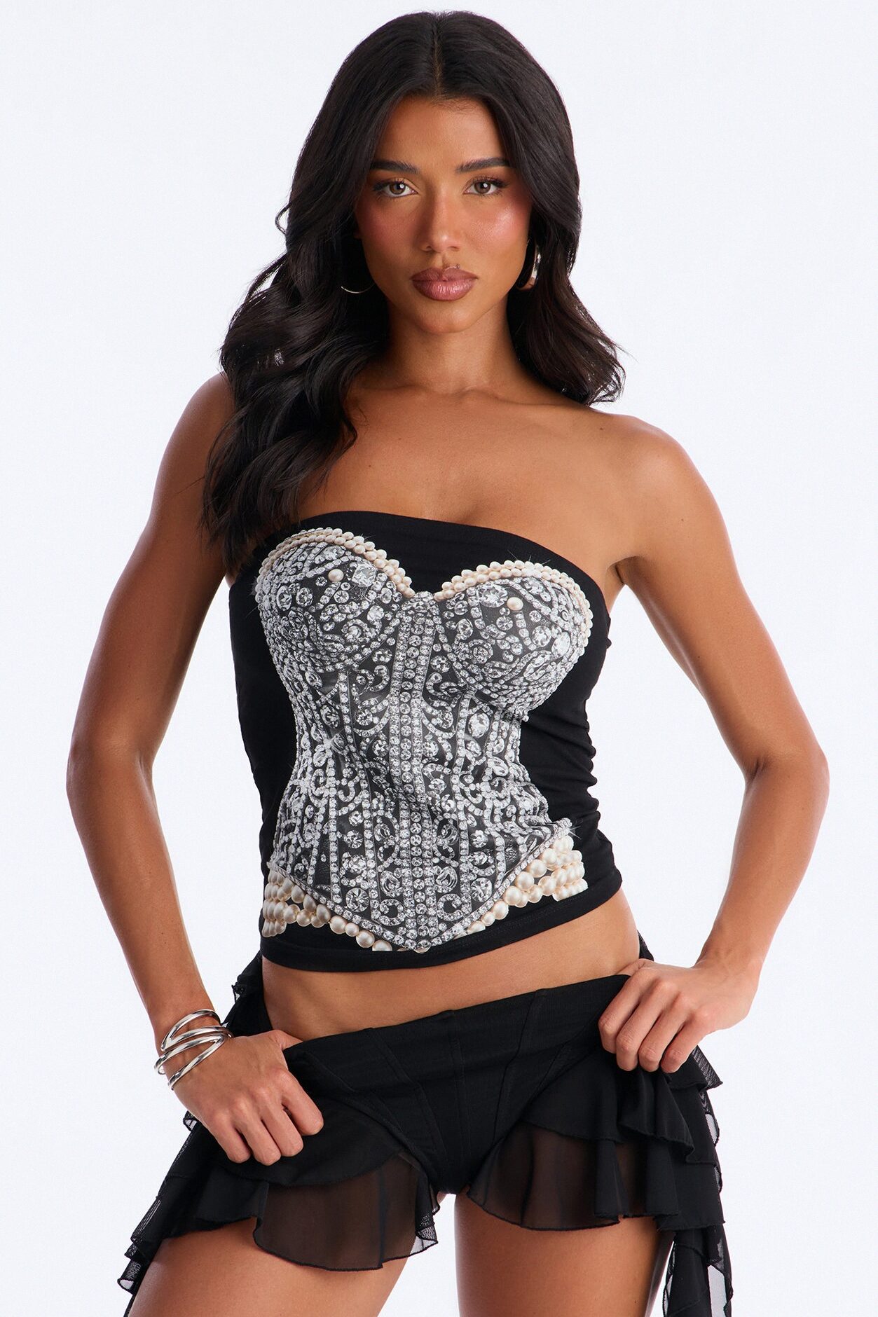 Jeweled Corset Graphic Tube - Black