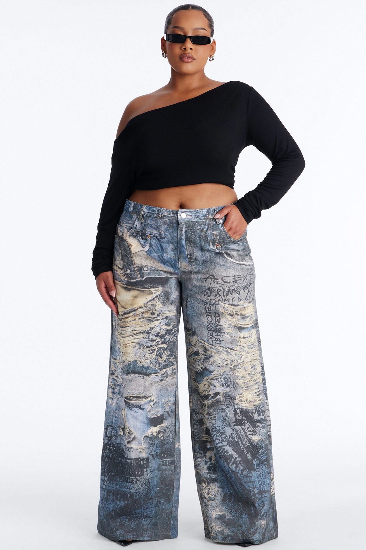 Rebel Rules Low Rise Distressed Denim Print Pant 33″ - Blue/combo