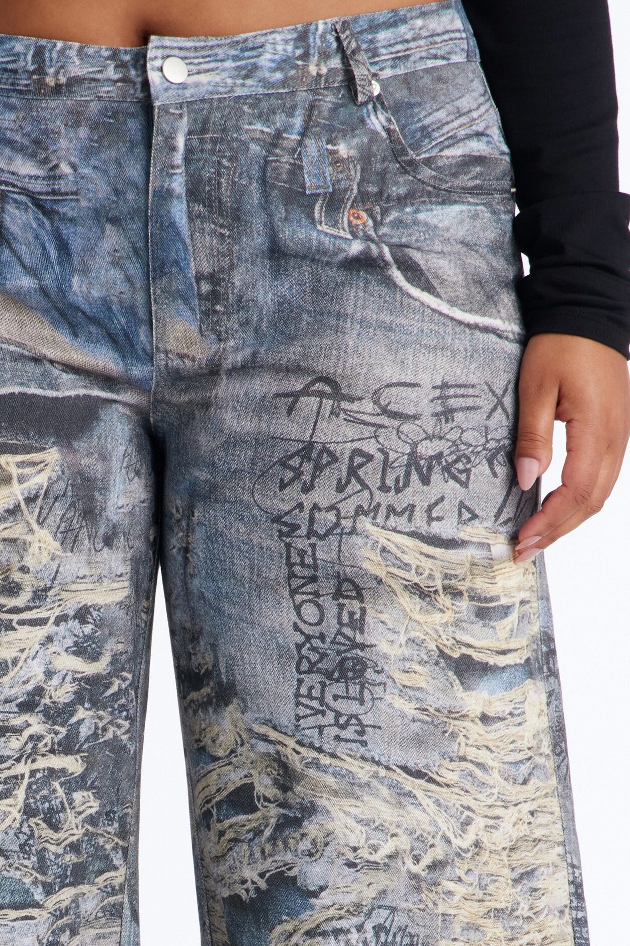 Rebel Rules Low Rise Distressed Denim Print Pant 33″ - Blue/combo
