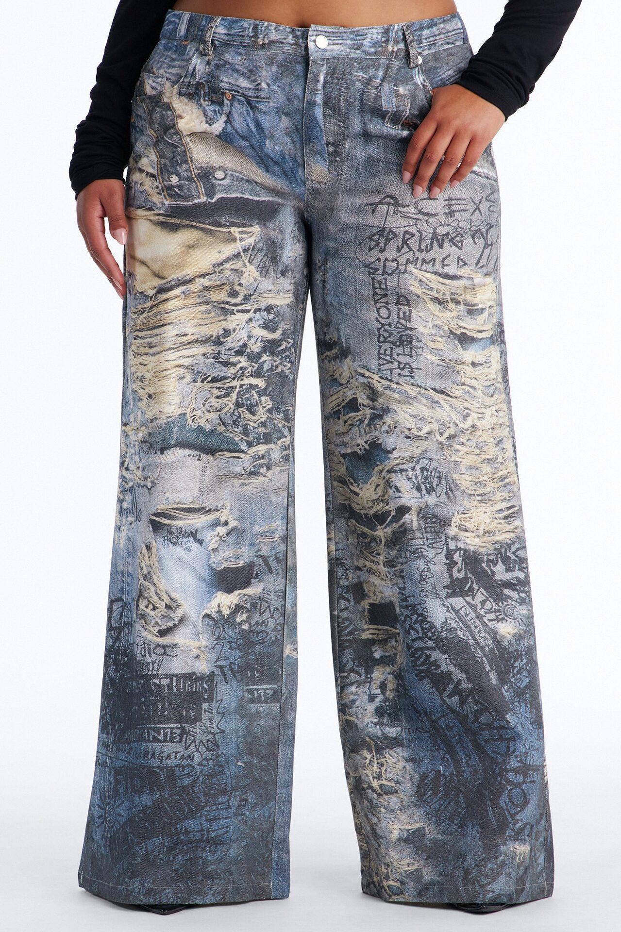 Rebel Rules Low Rise Distressed Denim Print Pant 33″ - Blue/combo