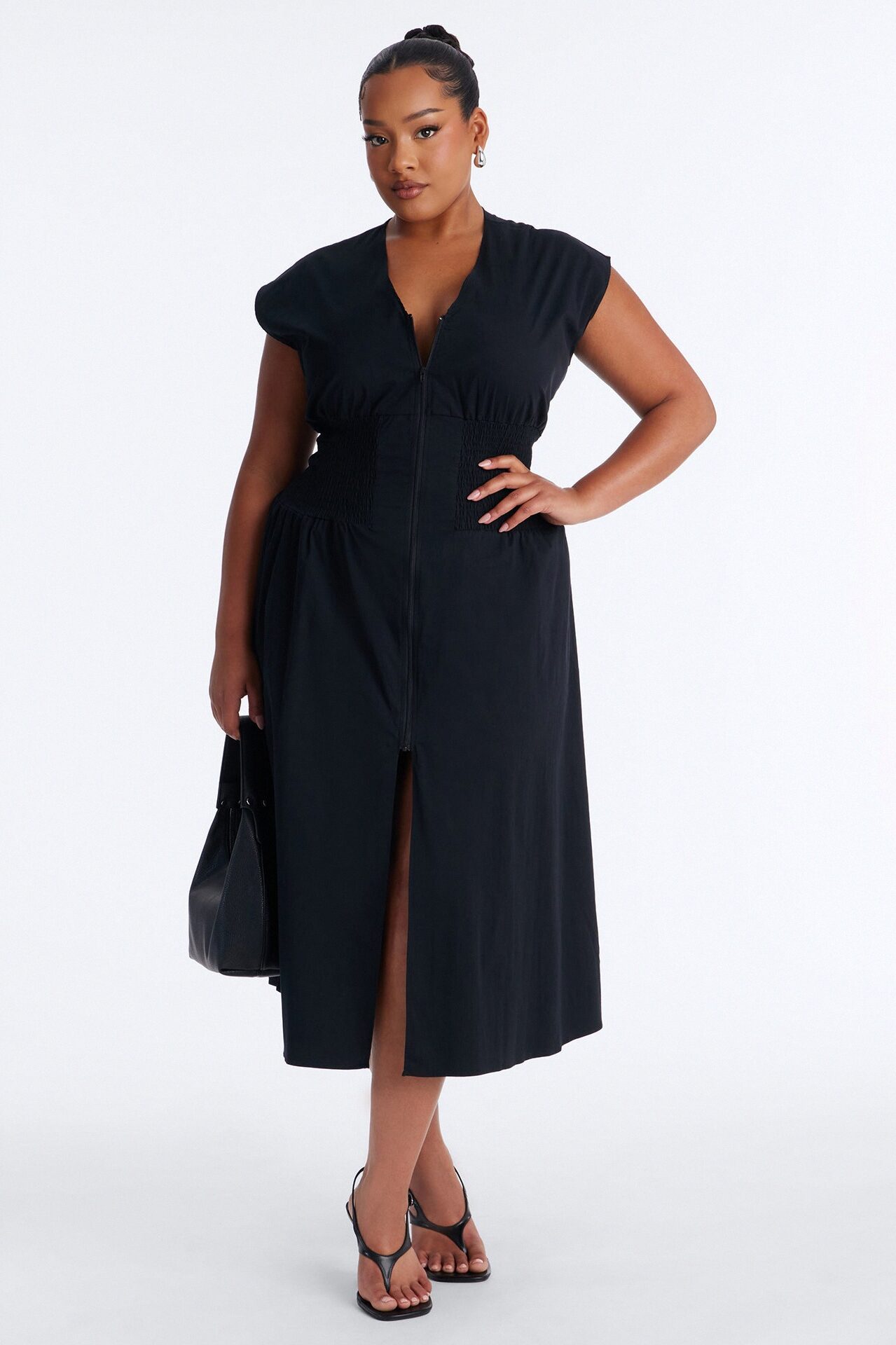 Too Busy Cinched Waist Midi Dress - Black
