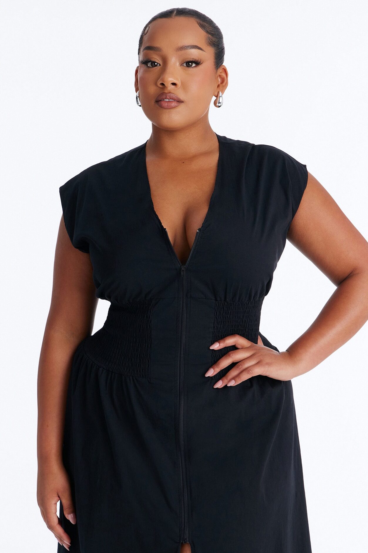Too Busy Cinched Waist Midi Dress - Black