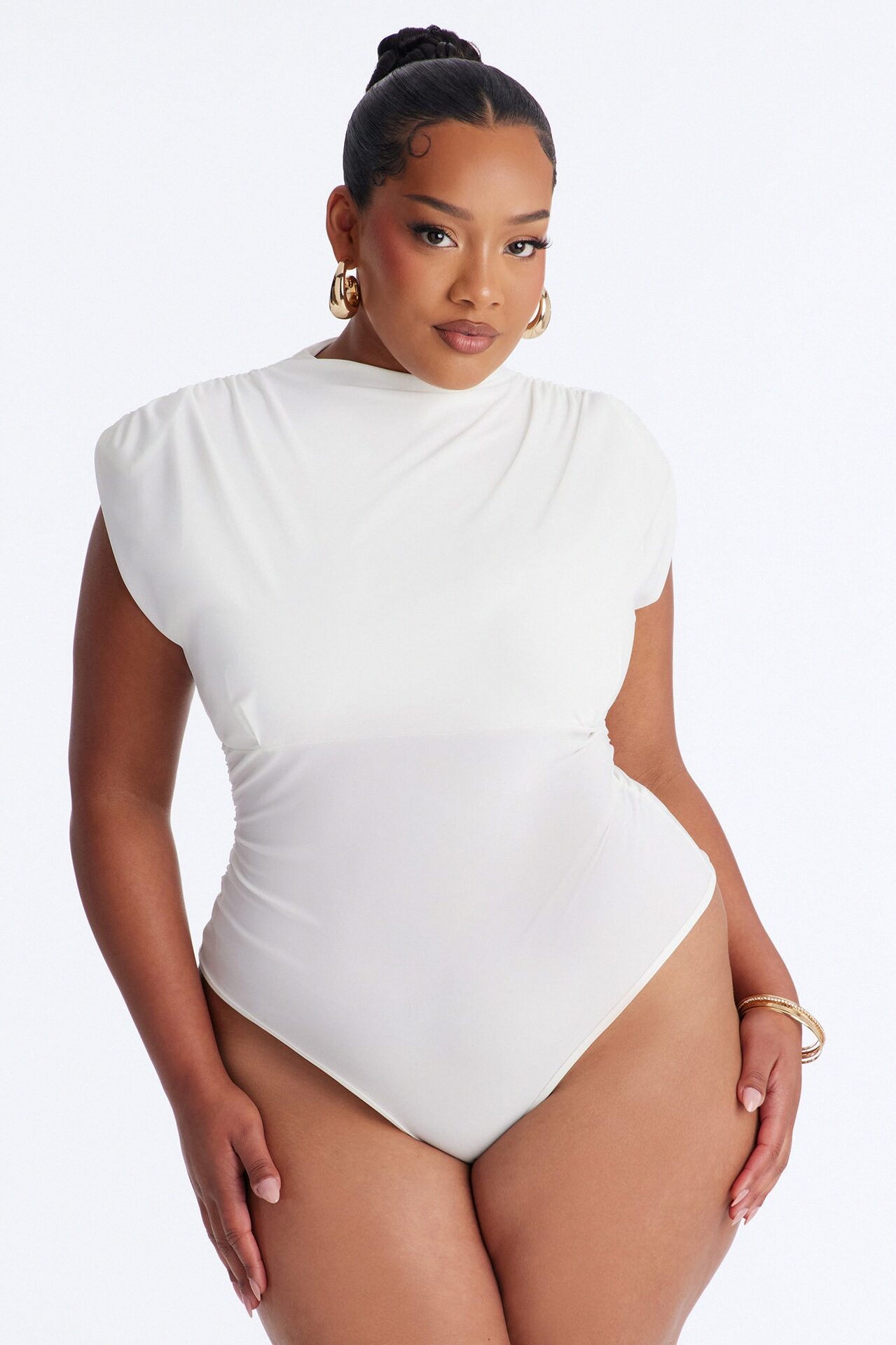 Get Serious Ruched Shoulder Pad Bodysuit - White