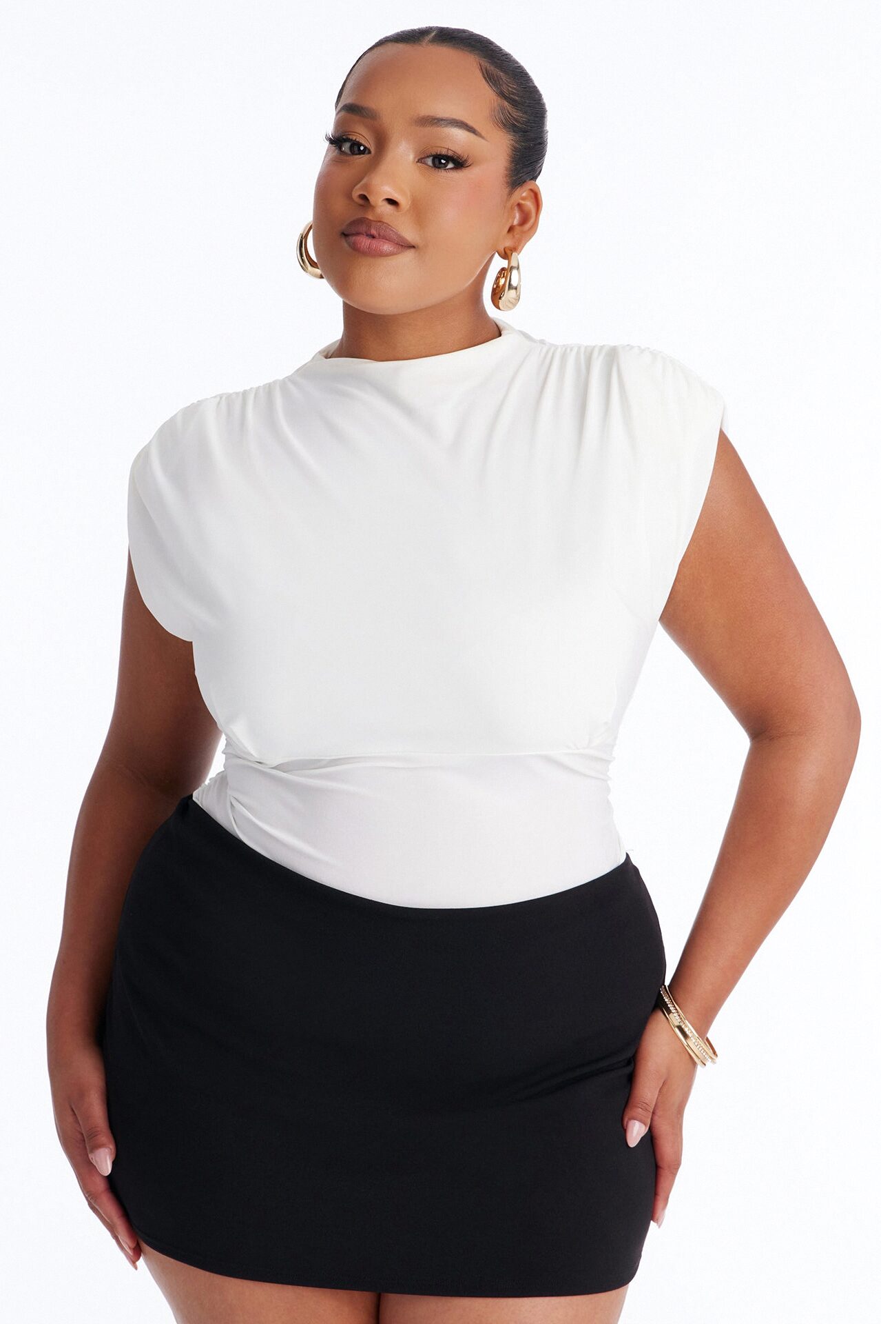 Get Serious Ruched Shoulder Pad Bodysuit - White