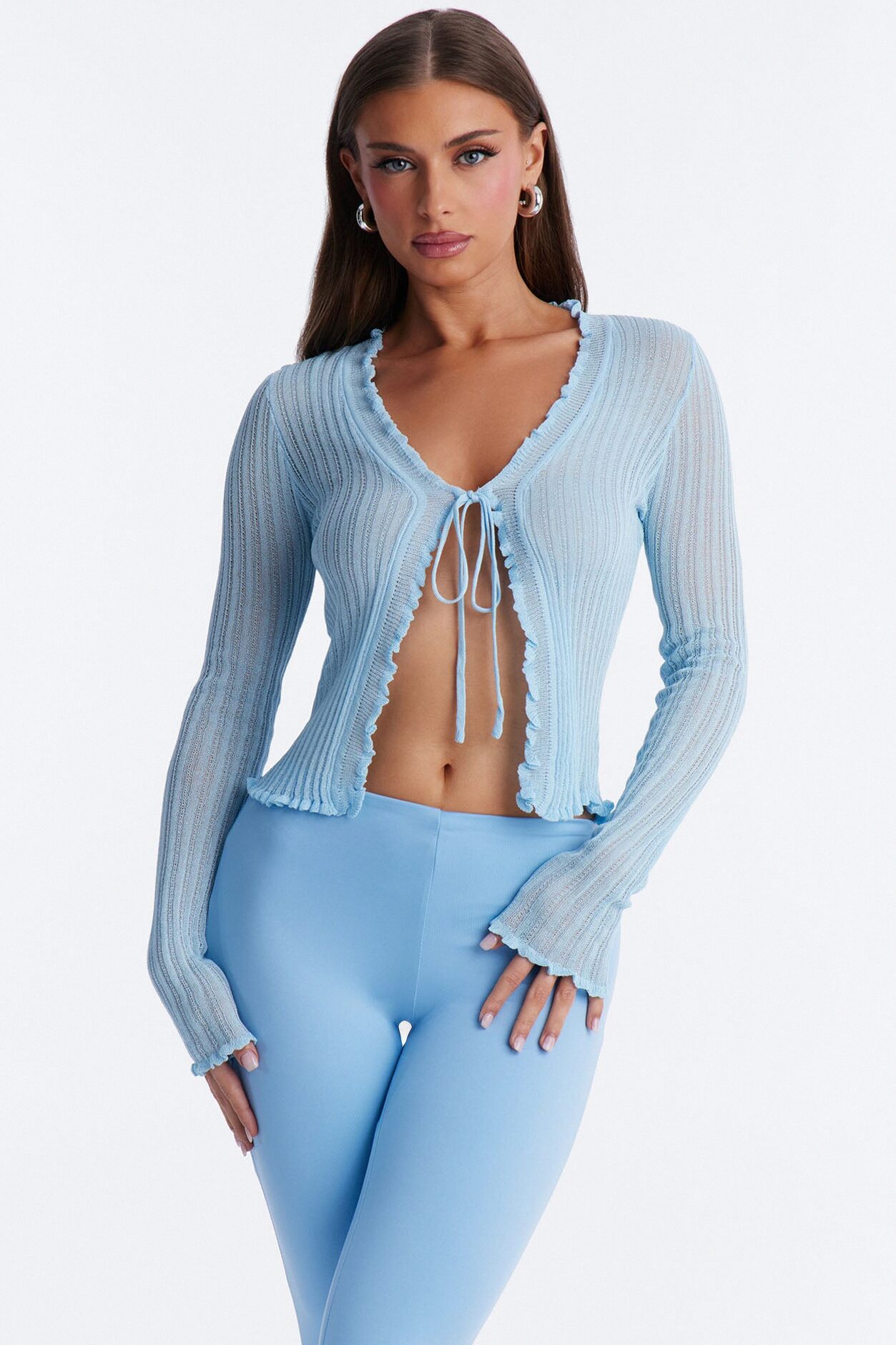 Styled In Sugar Ruffle Tie Front Cardigan - Light Blue