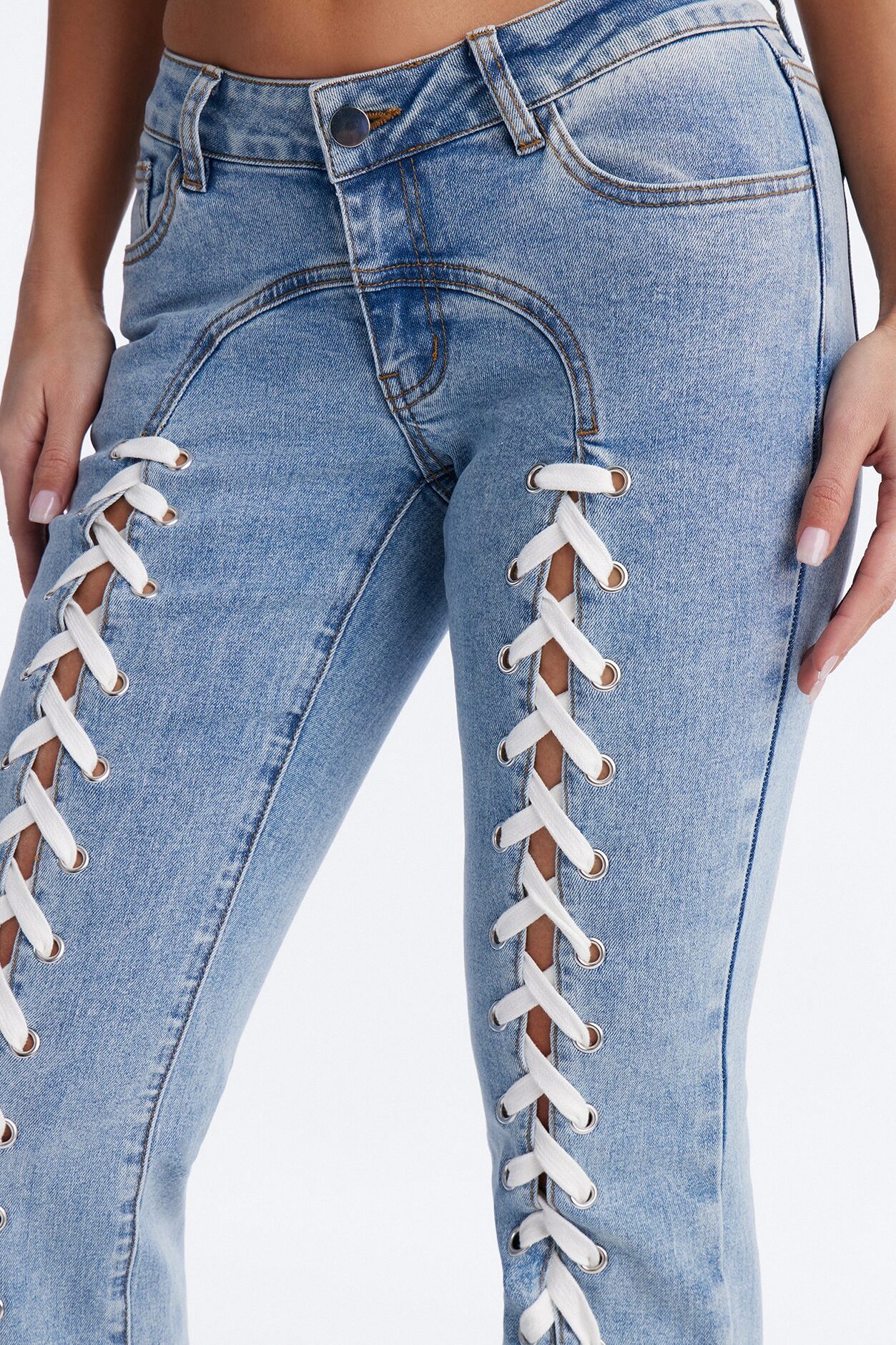 Tied To You Ultra Low Rise Lace Up Bootcut Jeans - Medium Wash