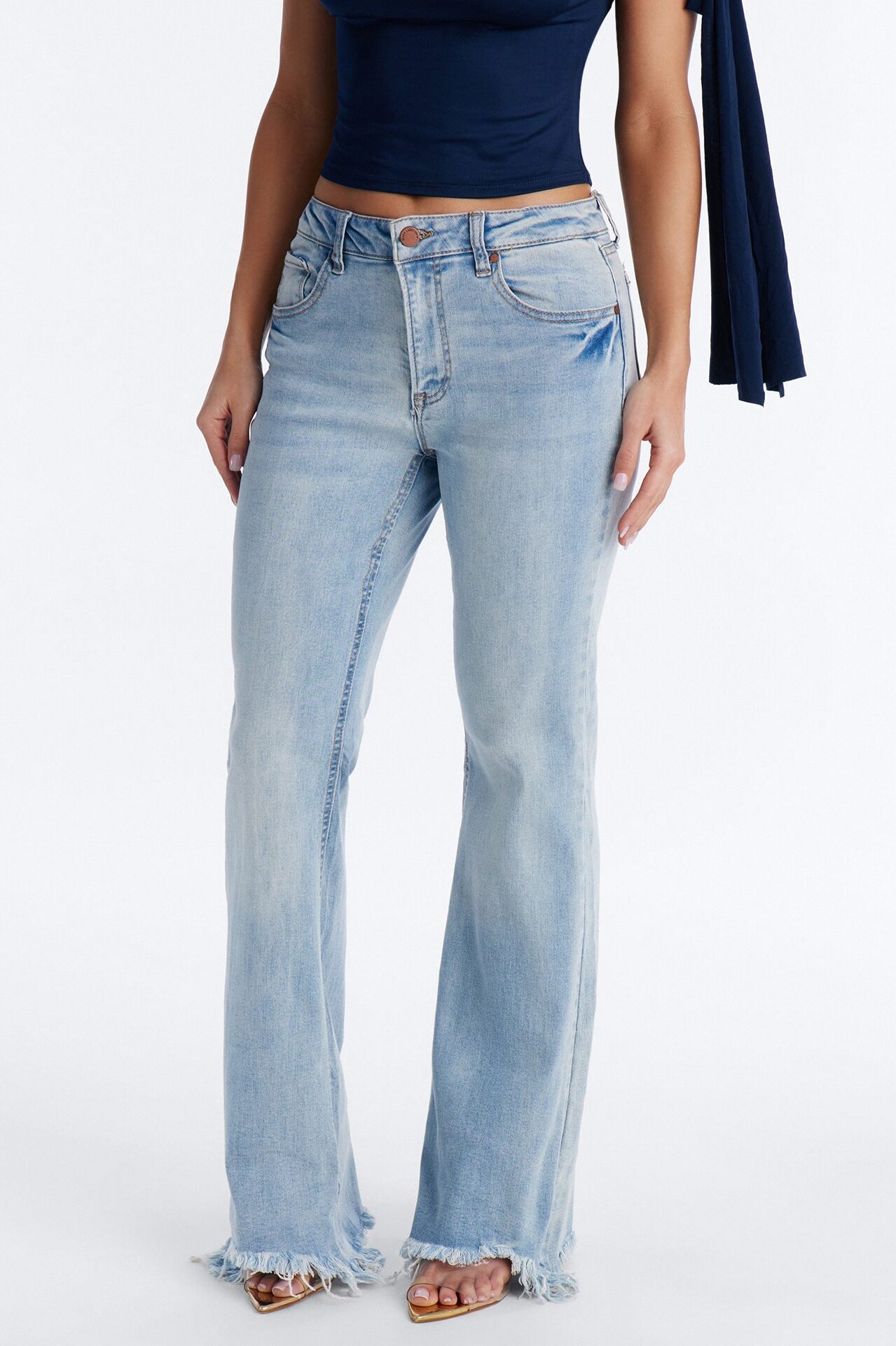 Young And Free Raw Hem Flare Jeans - Light Wash