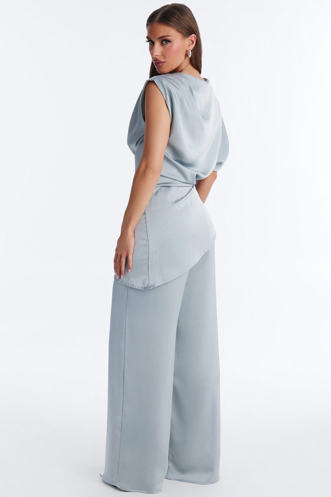 Mallory Satin Asymmetrical Pant Set - Dusty Blue
