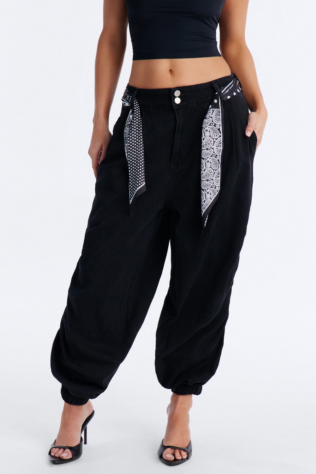 Midnight In Mykonos Scarf Belted Jogger Jeans - Black