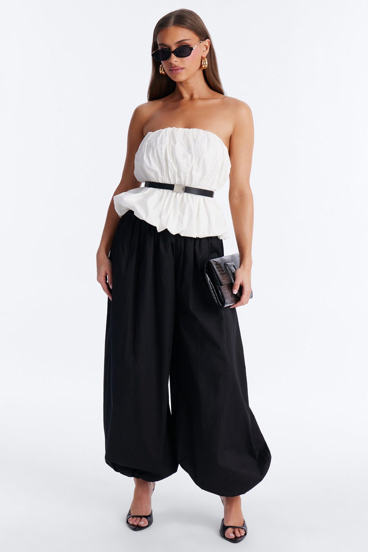 Sabrina Belted Balloon Pant Set - Black/White