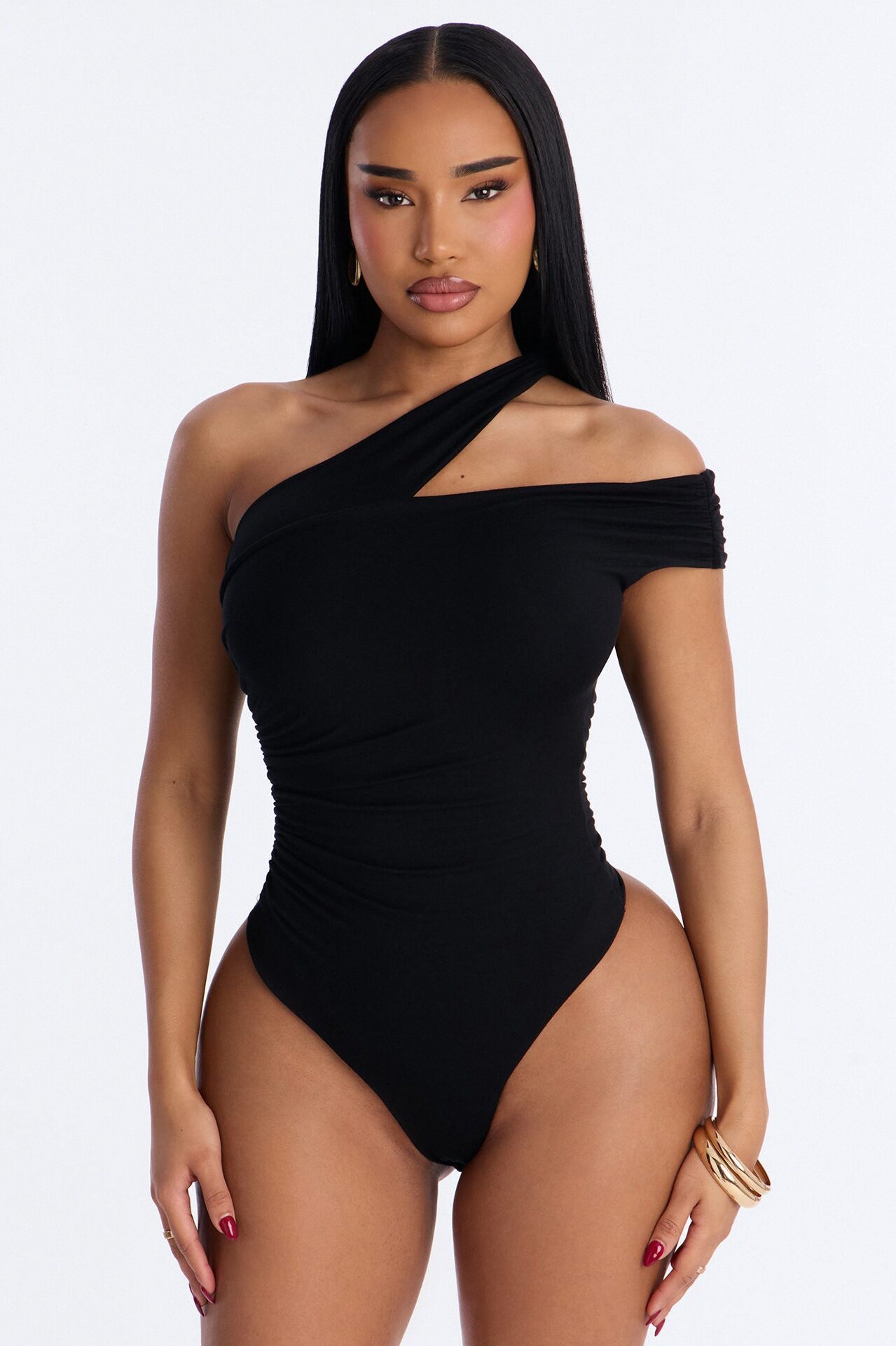 Been Here Before Ruched One Shoulder Bodysuit - Black