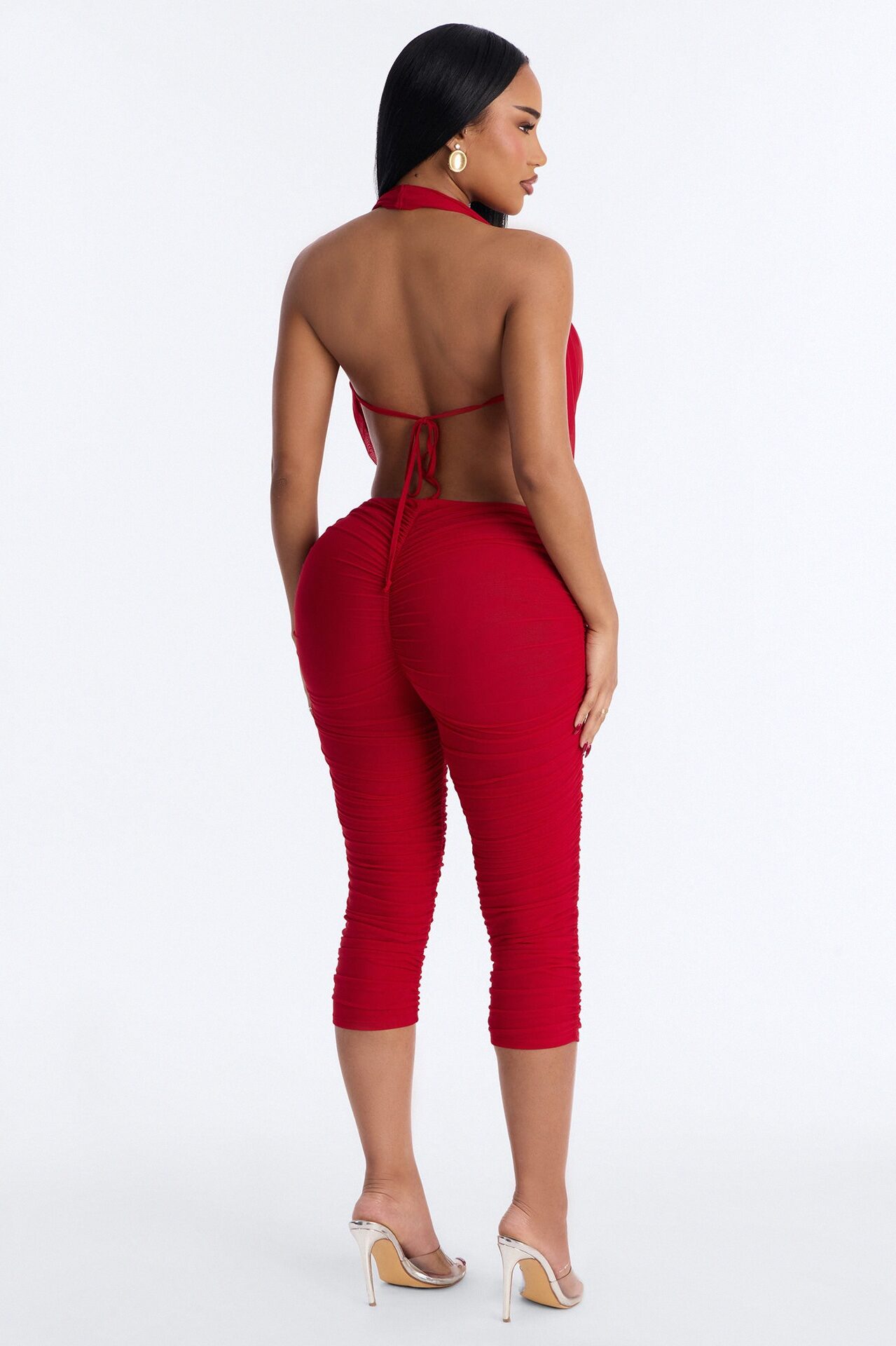 Shayla Ruched Mesh Capri Jumpsuit - Red