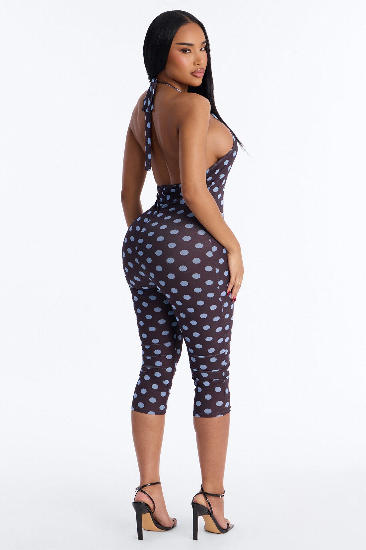 Amaya Polka Dot Mesh Capri Jumpsuit - Brown