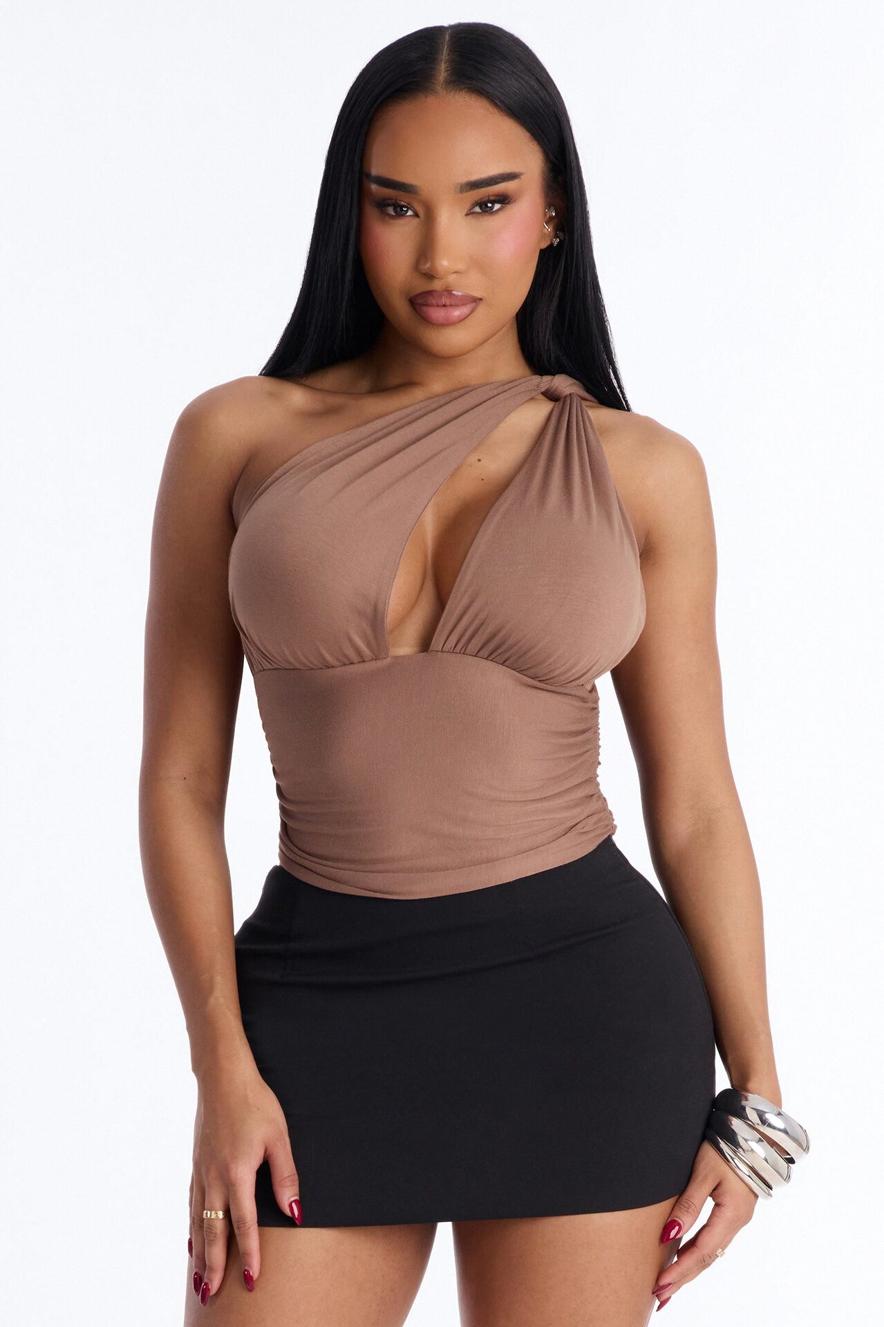 Side Attraction One Shoulder Ruched Top - Mocha
