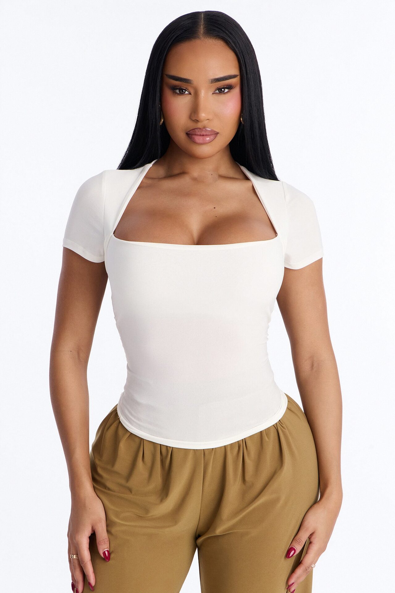 Emilie Ruched Square Neck Short Sleeve Top - Off White
