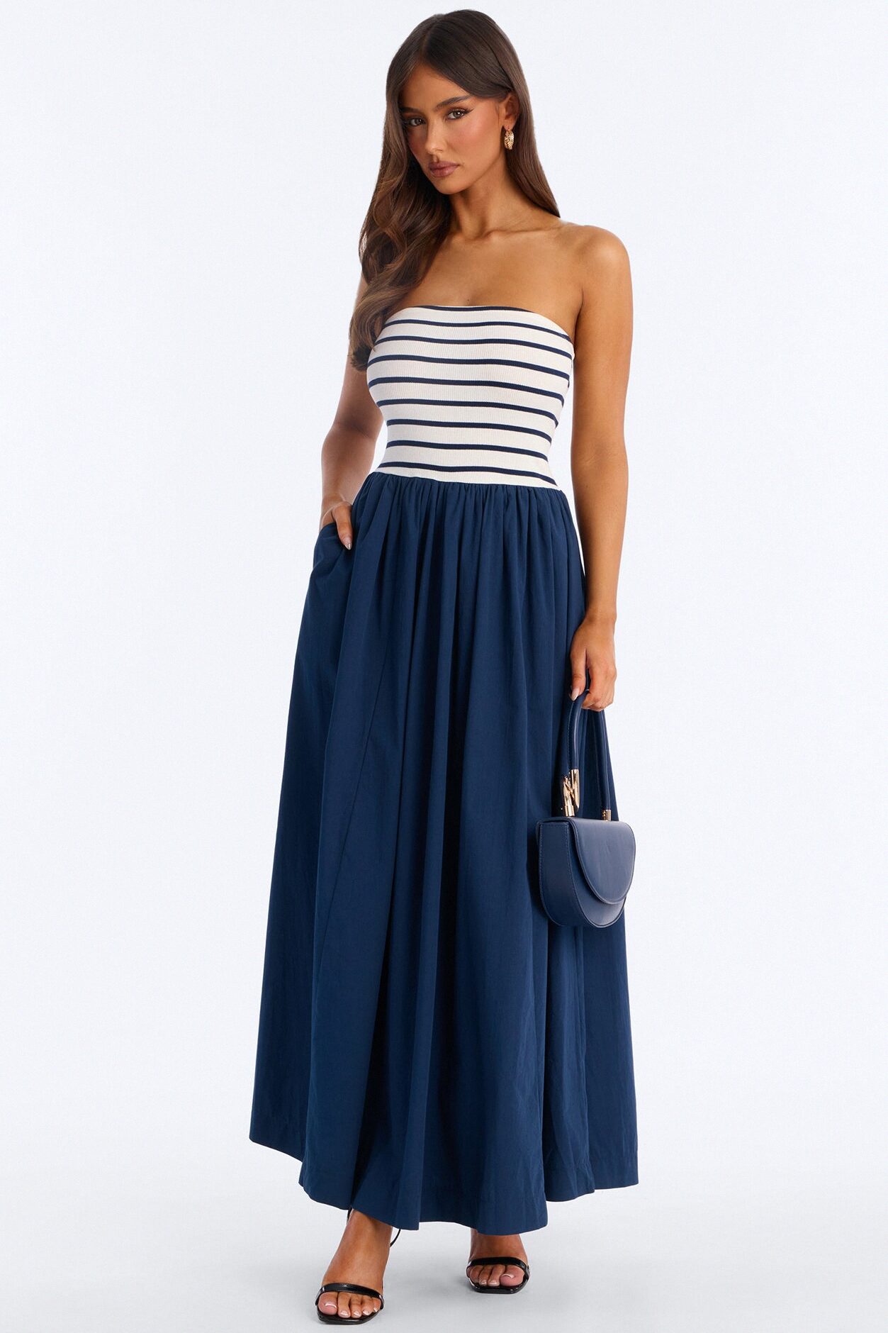 Kaia Strapless Poplin Maxi Dress - Navy/combo